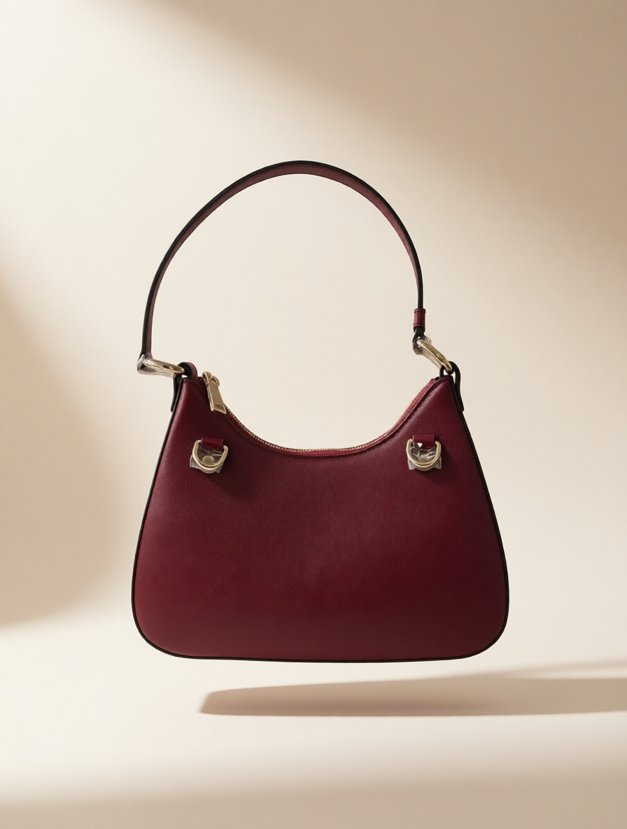 Burgundy Leather Shoulder Bag · Minimal Curved Silhouette · Handmade Description