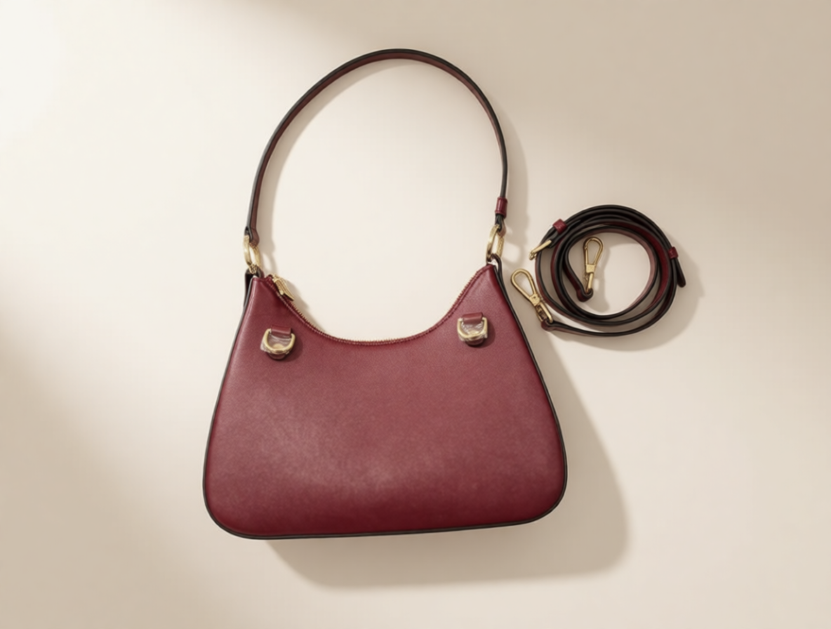 Burgundy Leather Shoulder Bag · Minimal Curved Silhouette · Handmade Description
