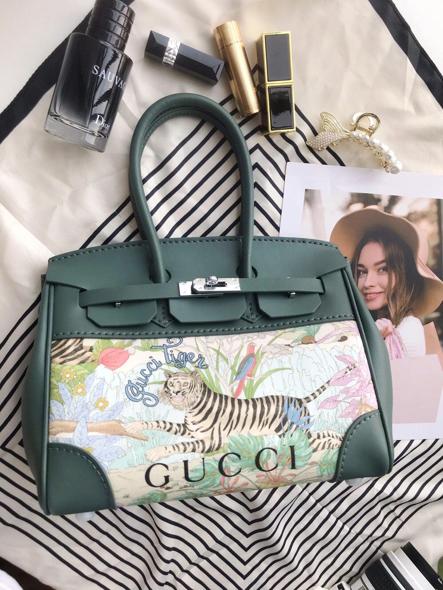 Upcycled Green Gucci Dust Bag Birkin Style Bag