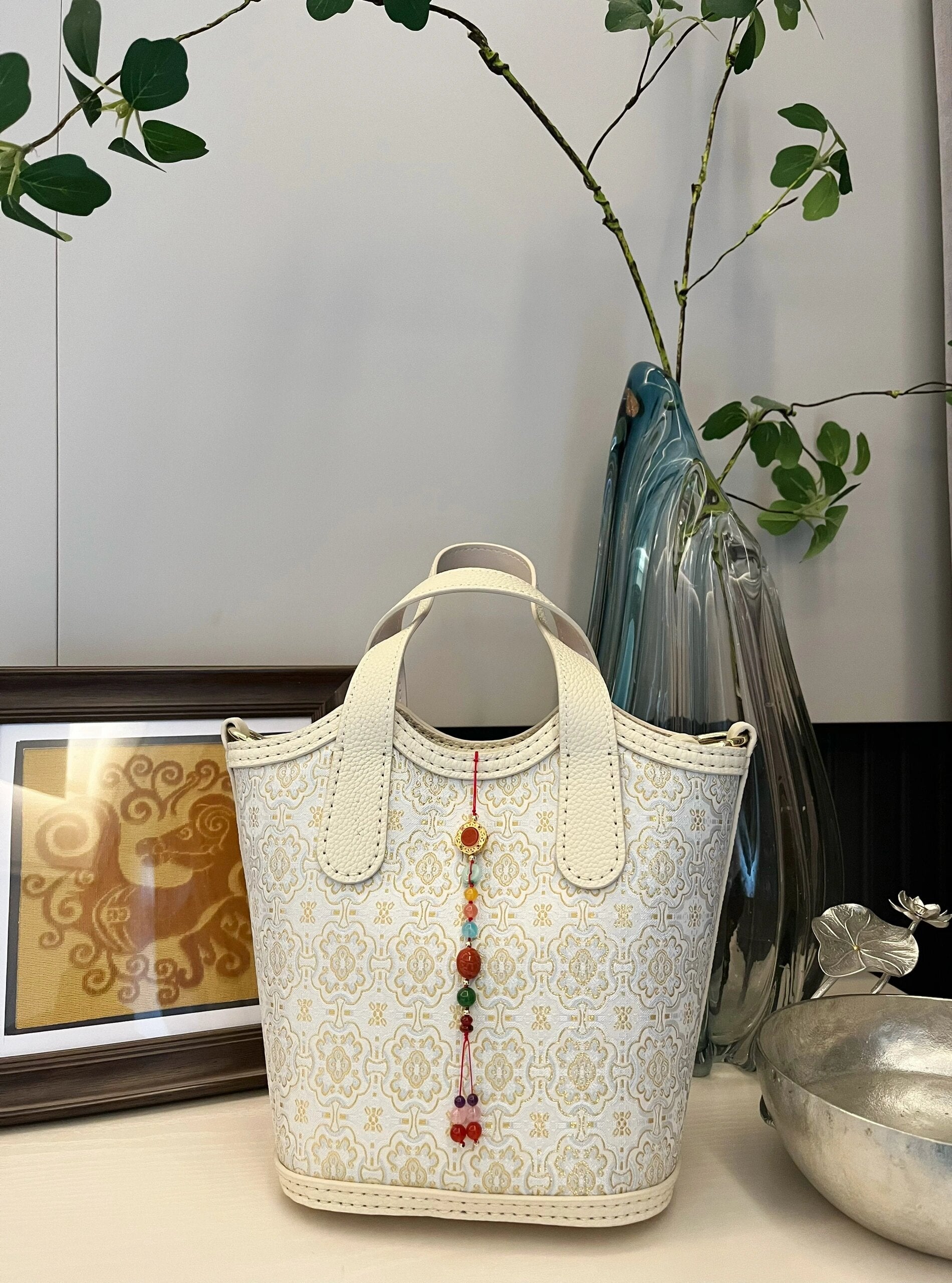 Celestial Elegance - White Gold Lozenge and Dingsheng Brocade Handbag