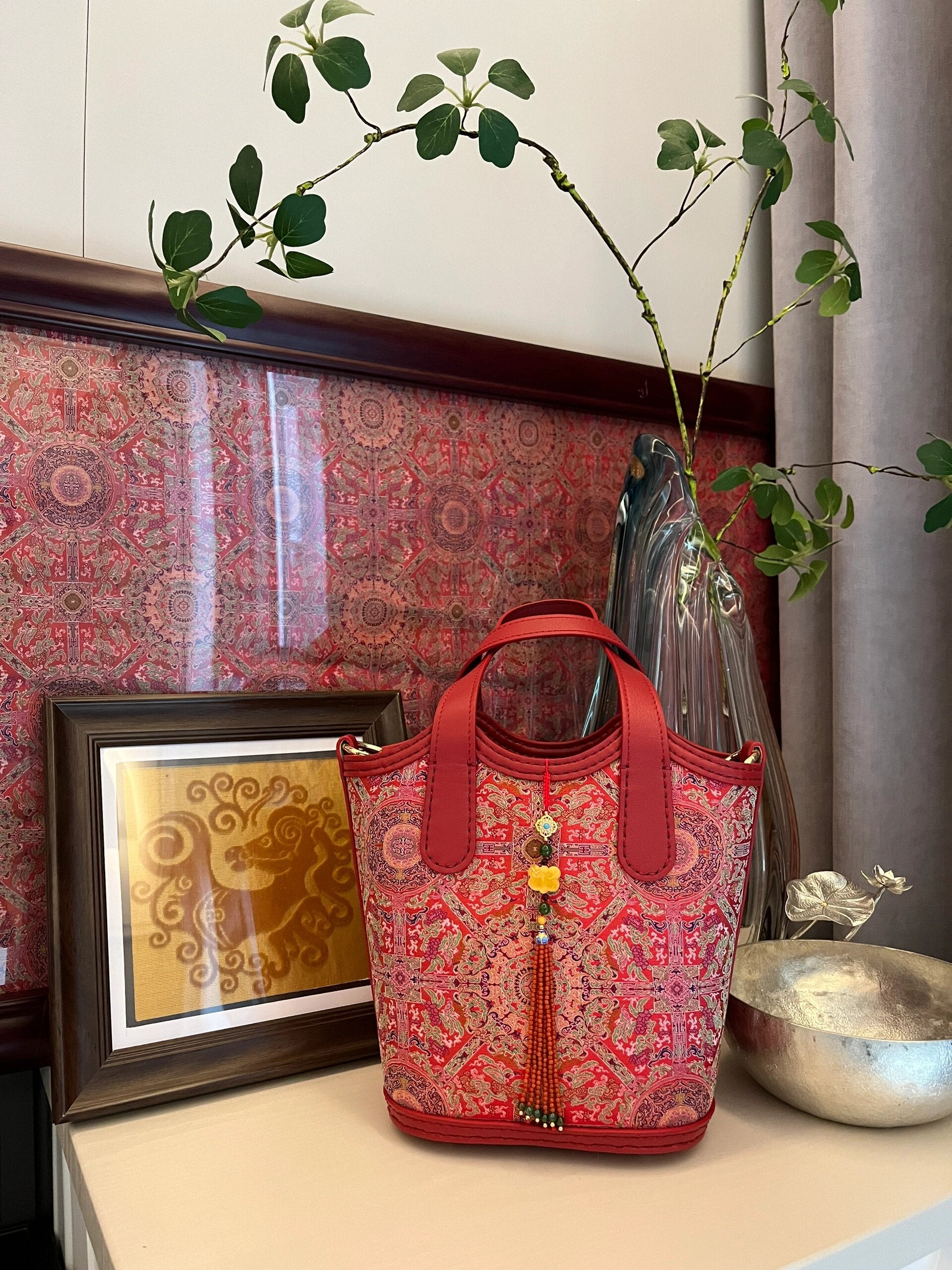 Crimson Brocade Dreams - Vintage-Inspired Red Floral Silk Handbag