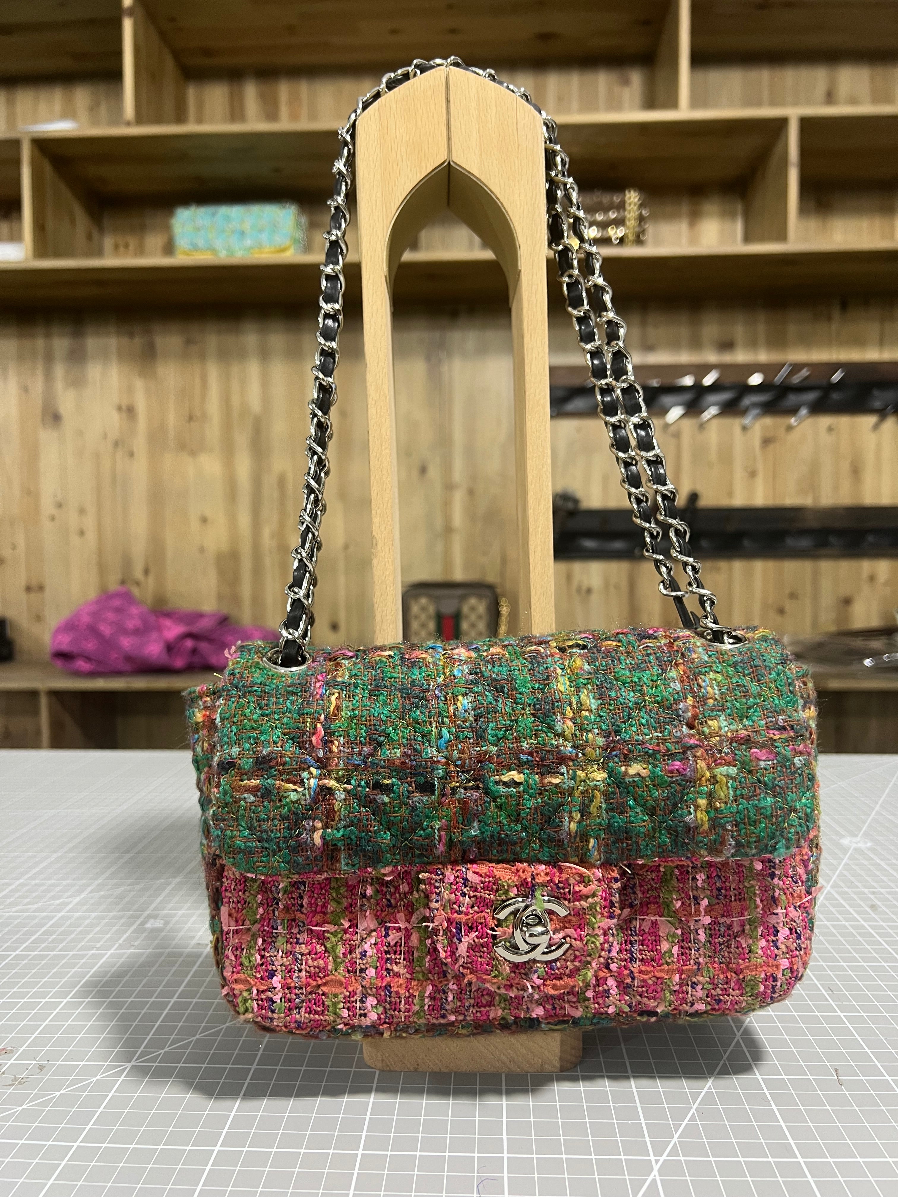 Green and Pink Upcycled Chanel-Style Tweed CF Bag