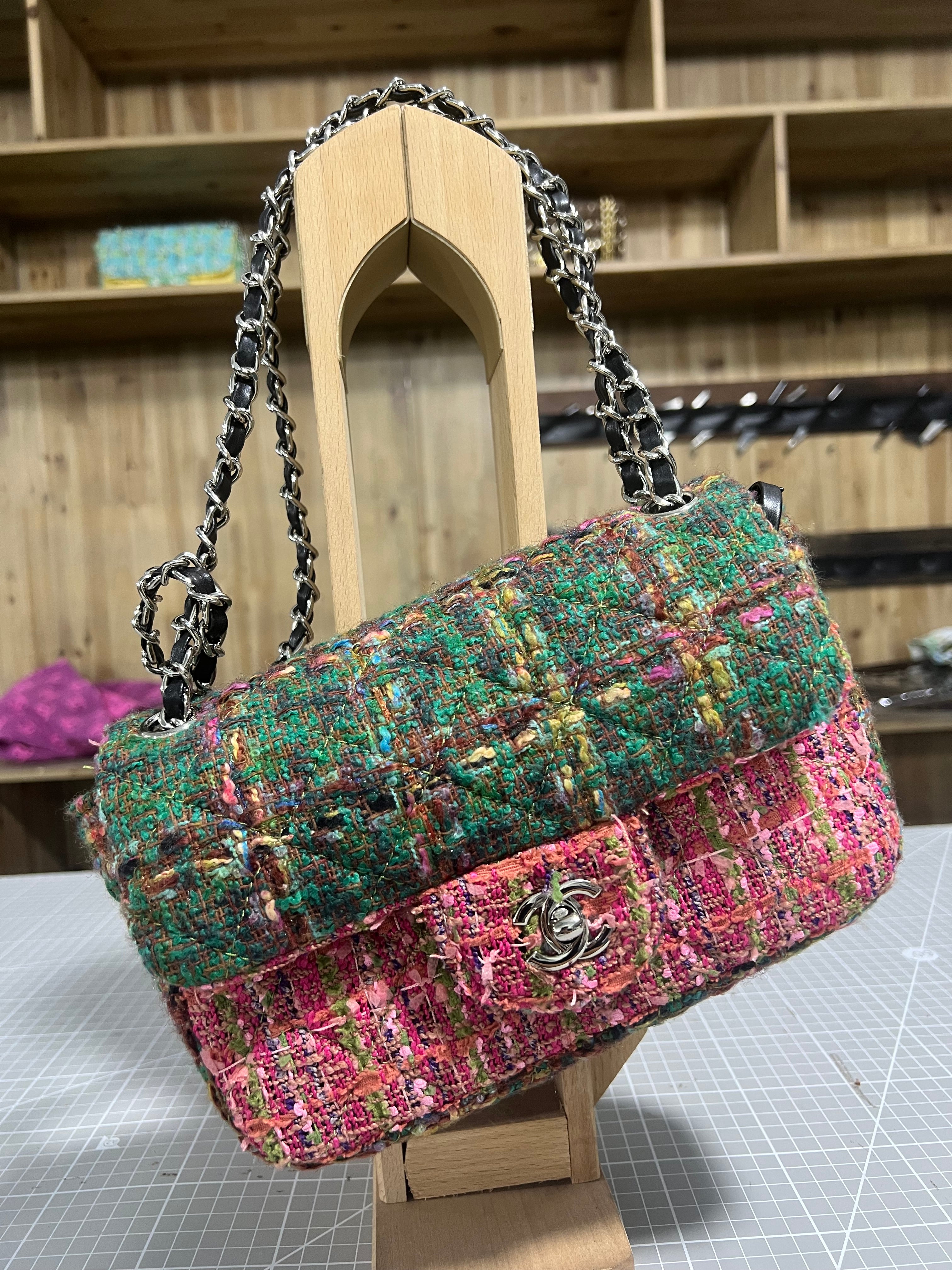 Green and Pink Upcycled Chanel-Style Tweed CF Bag