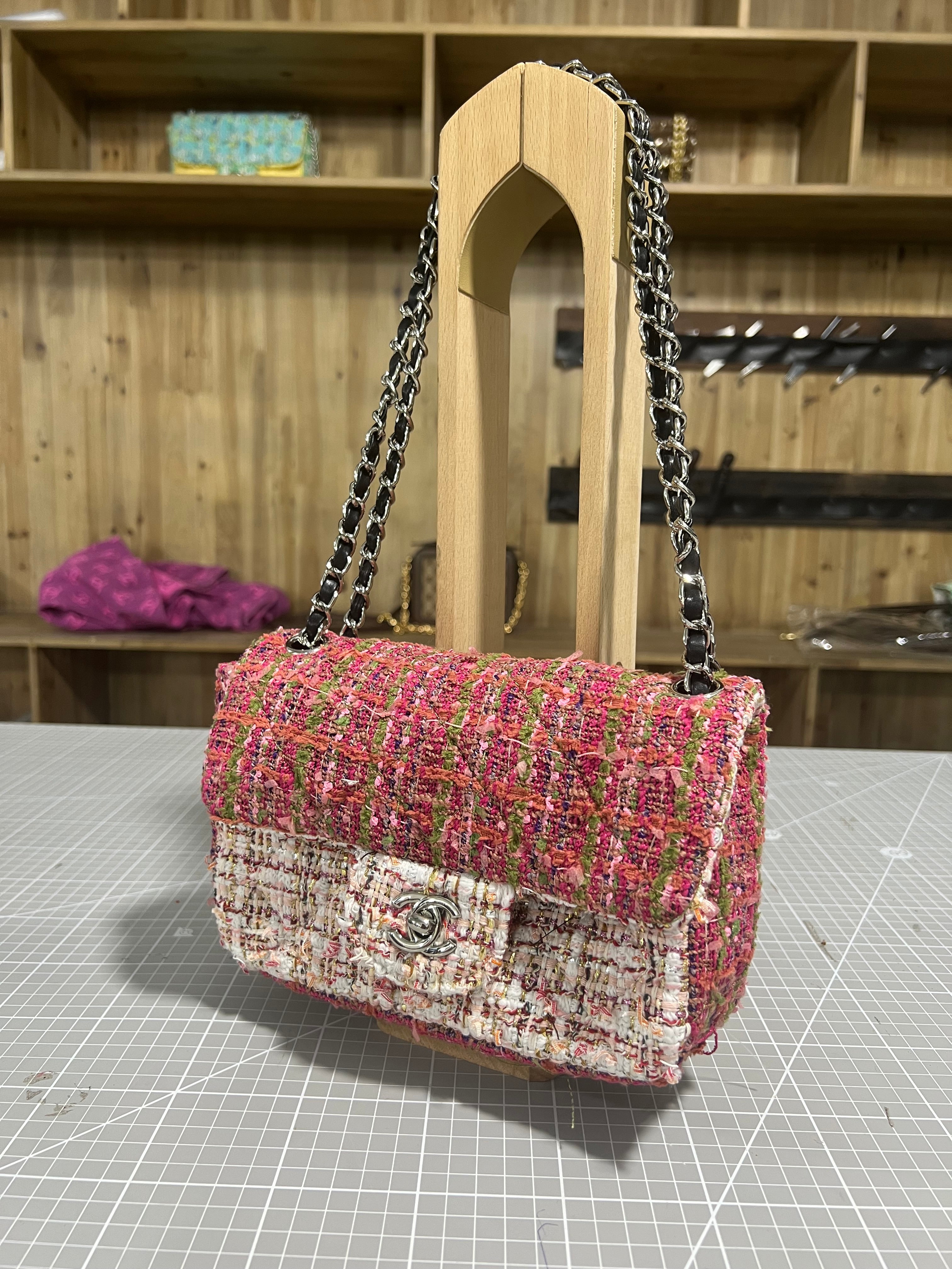 Pink and Green Upcycled Chanel-Style Tweed CF Bag