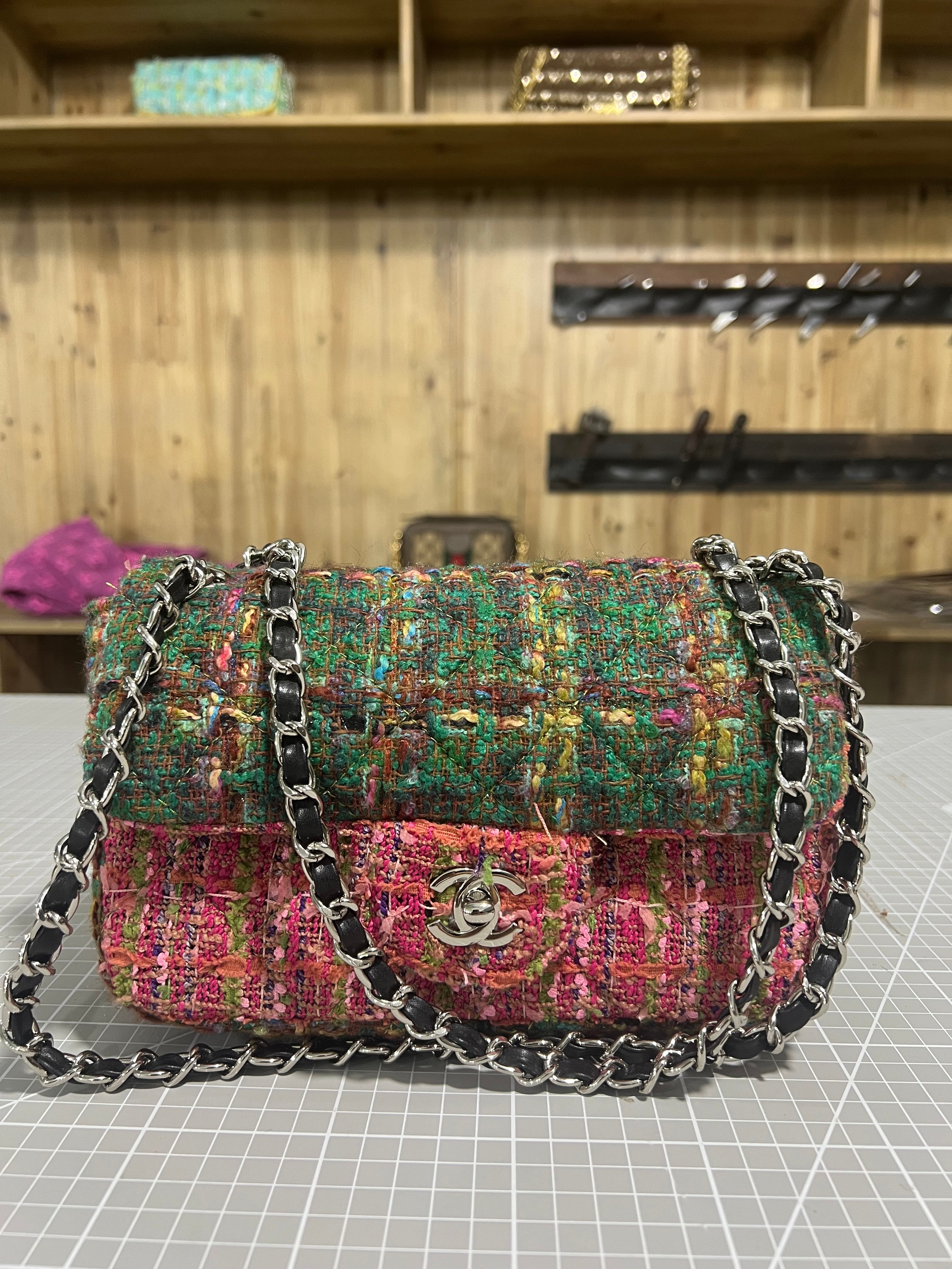 Green and Pink Upcycled Chanel-Style Tweed CF Bag