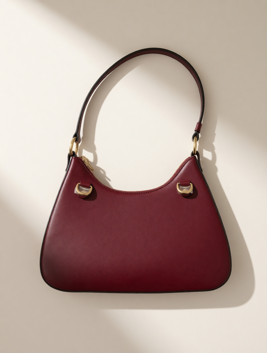 Burgundy Leather Shoulder Bag · Minimal Curved Silhouette · Handmade  Description