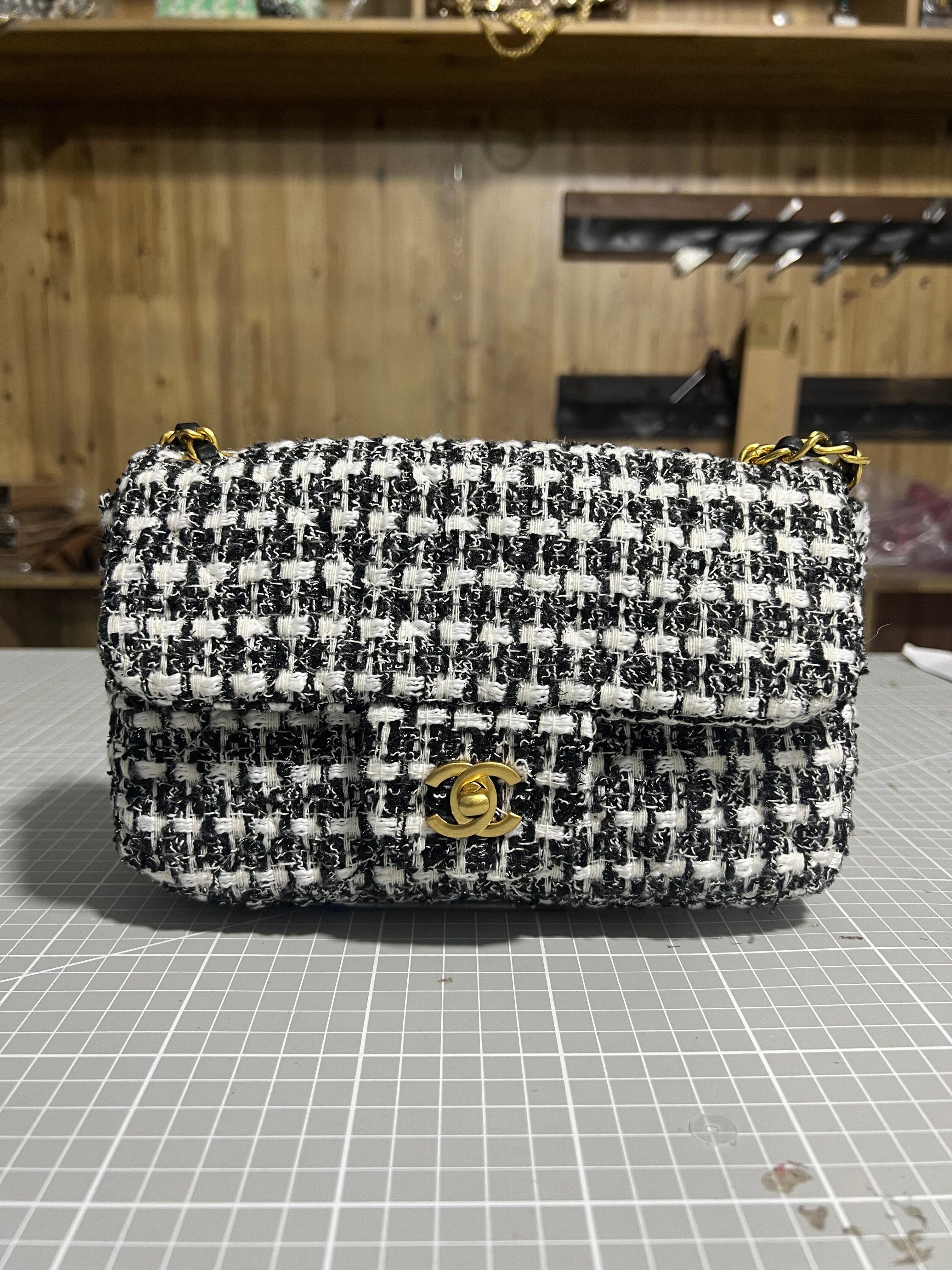 Chanel-Inspired Tweed Elegance: Upcycled Bag Crafted from Classic Tweed Fabric