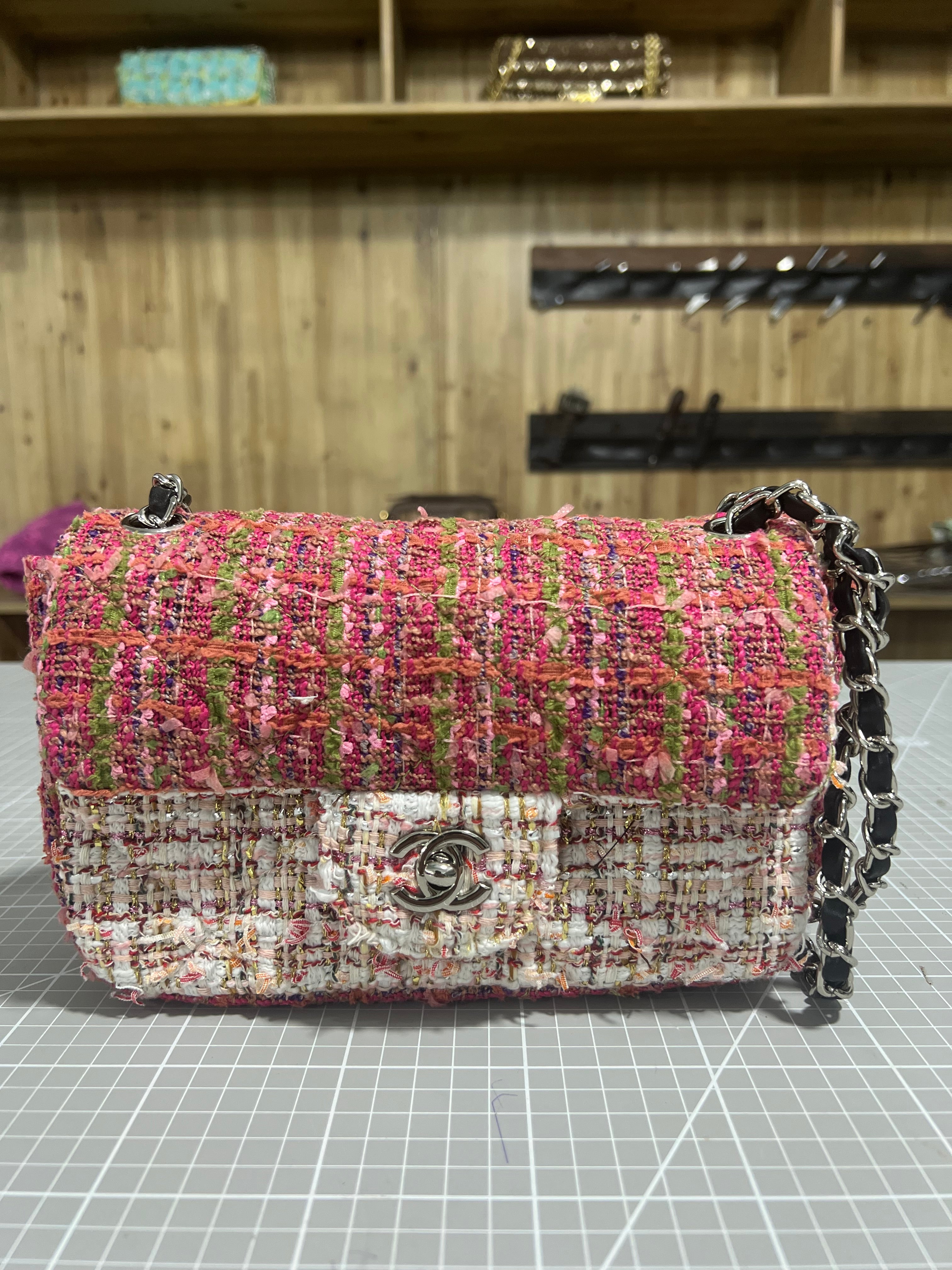 Pink and Green Upcycled Chanel-Style Tweed CF Bag