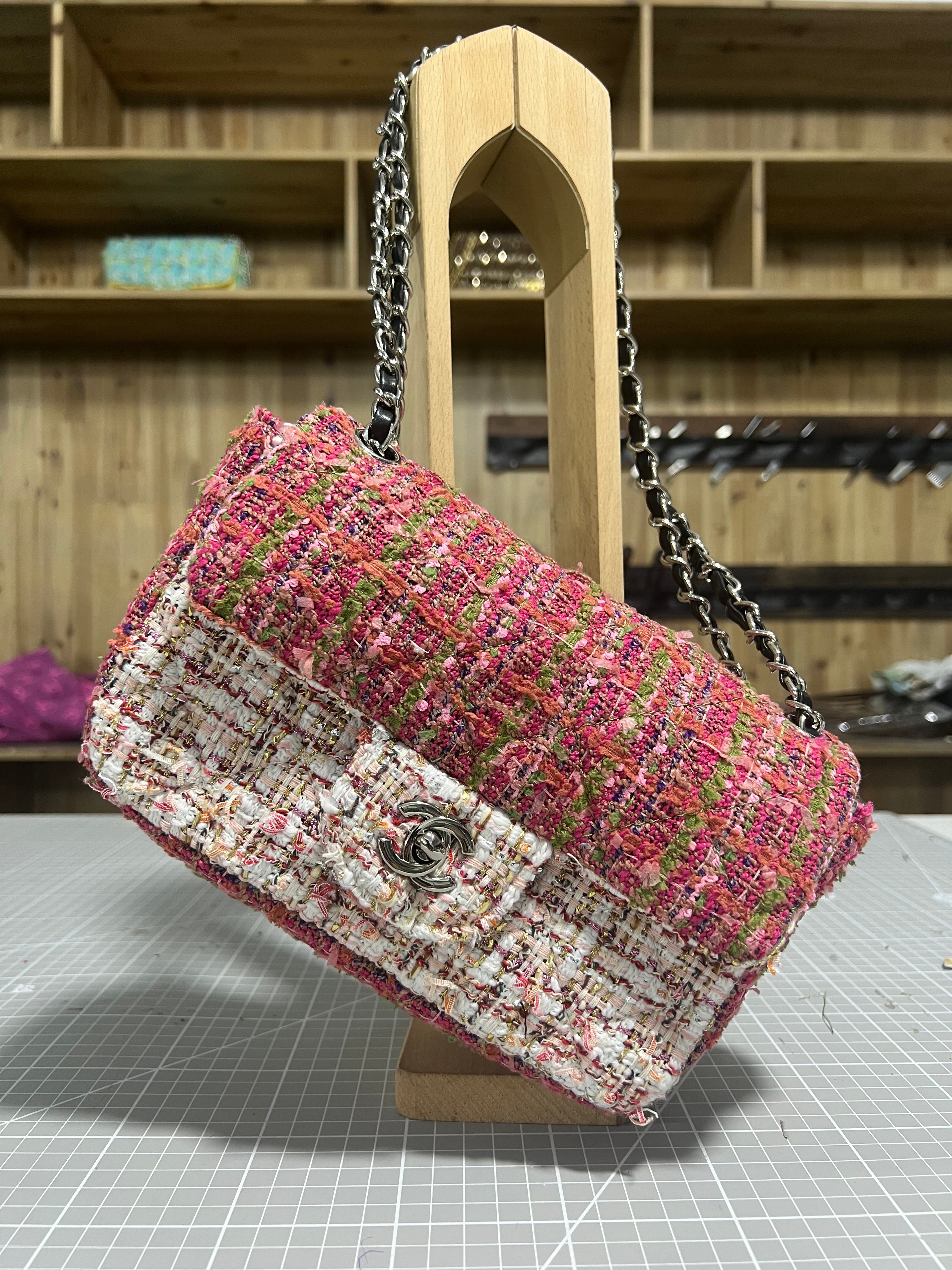 Pink and Green Upcycled Chanel-Style Tweed CF Bag