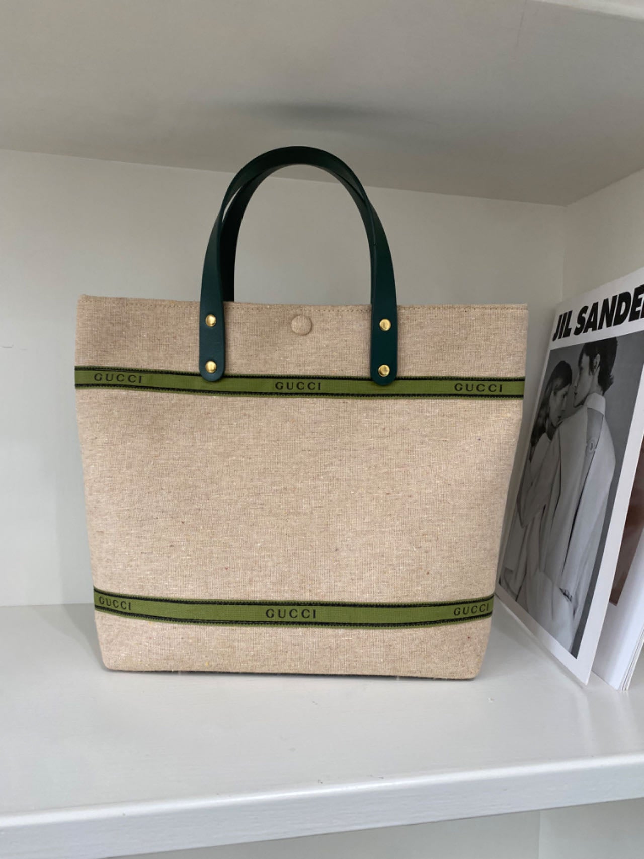 Upcycled Gucci Dust Bag Tote Bag with Green Handles