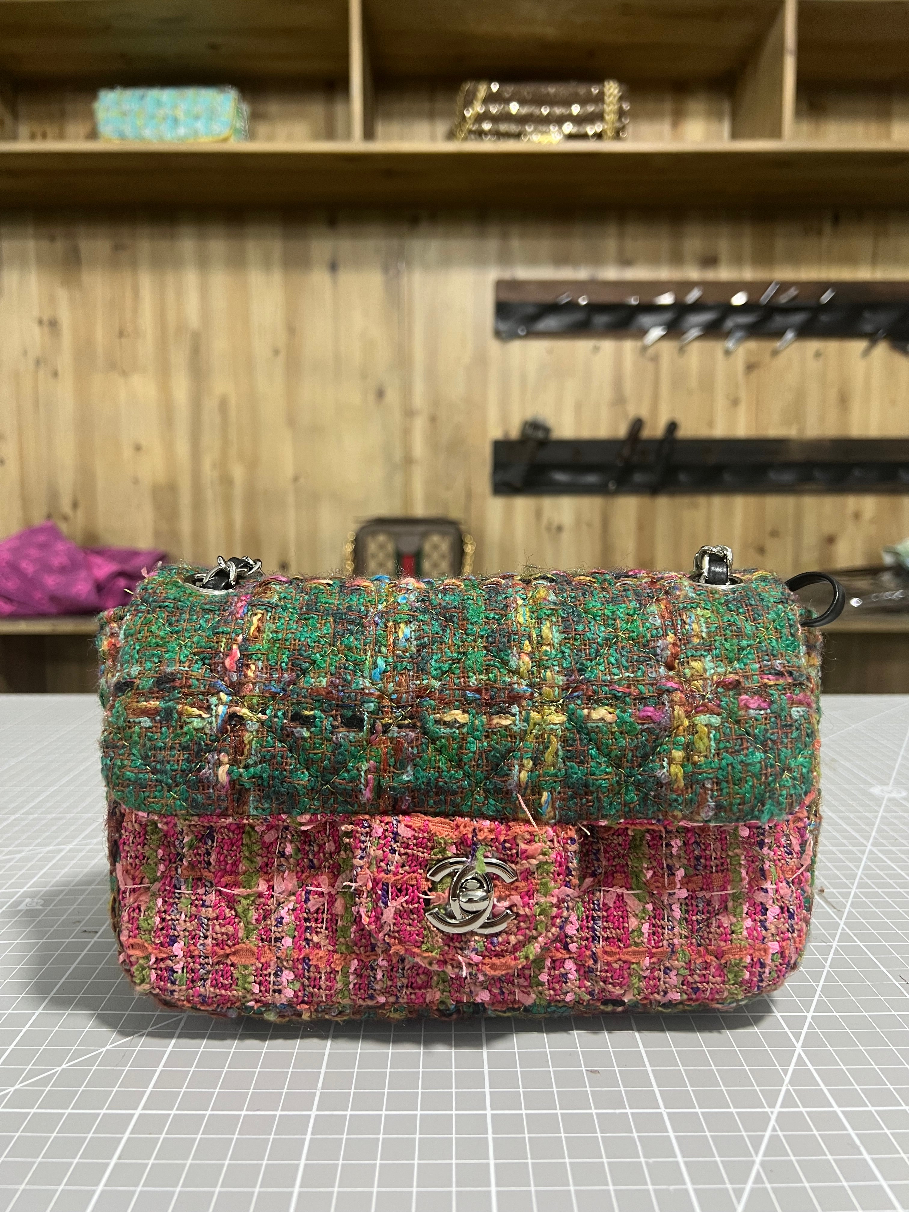 Green and Pink Upcycled Chanel-Style Tweed CF Bag