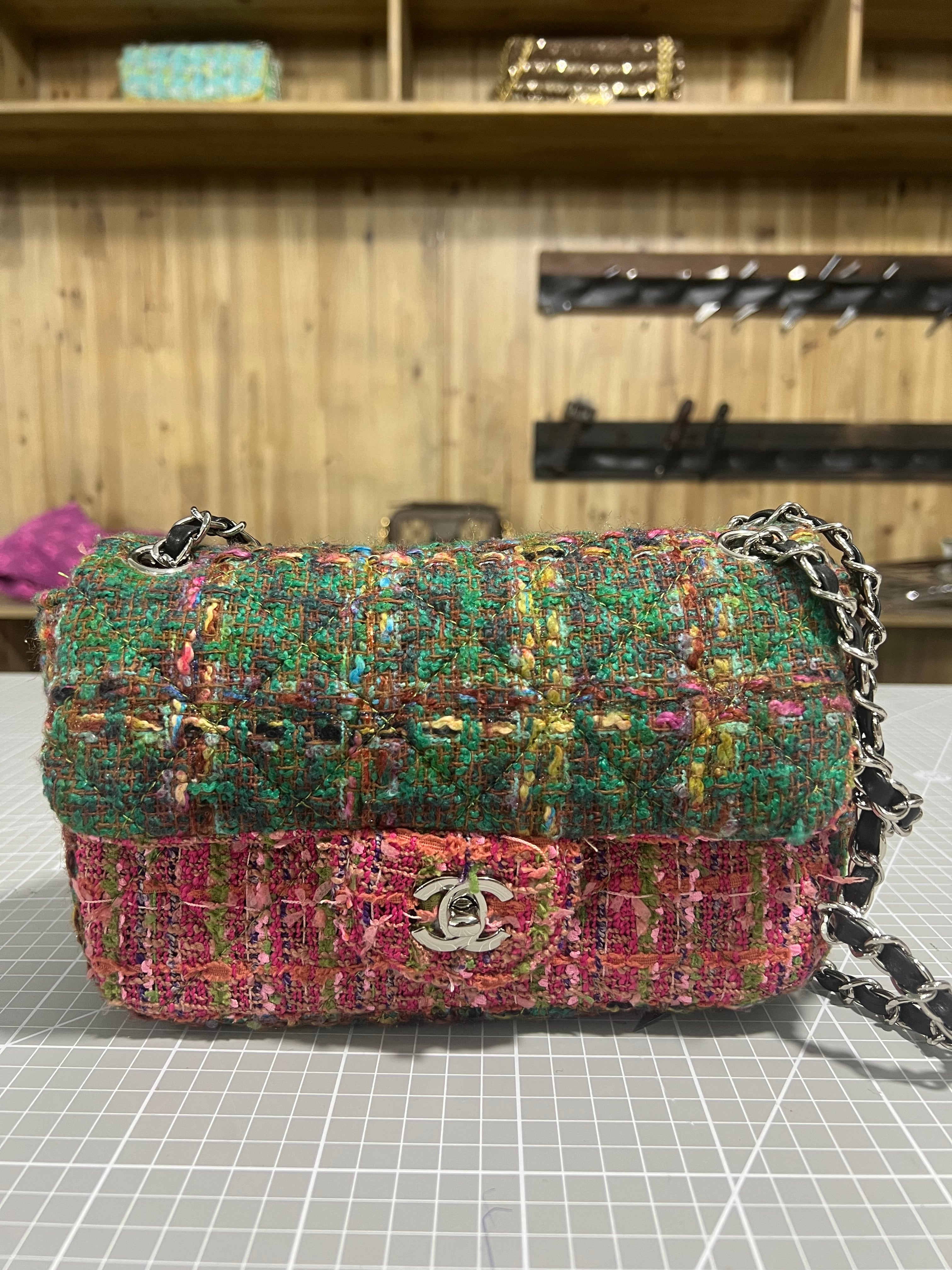 Green and Pink Upcycled Chanel-Style Tweed CF Bag