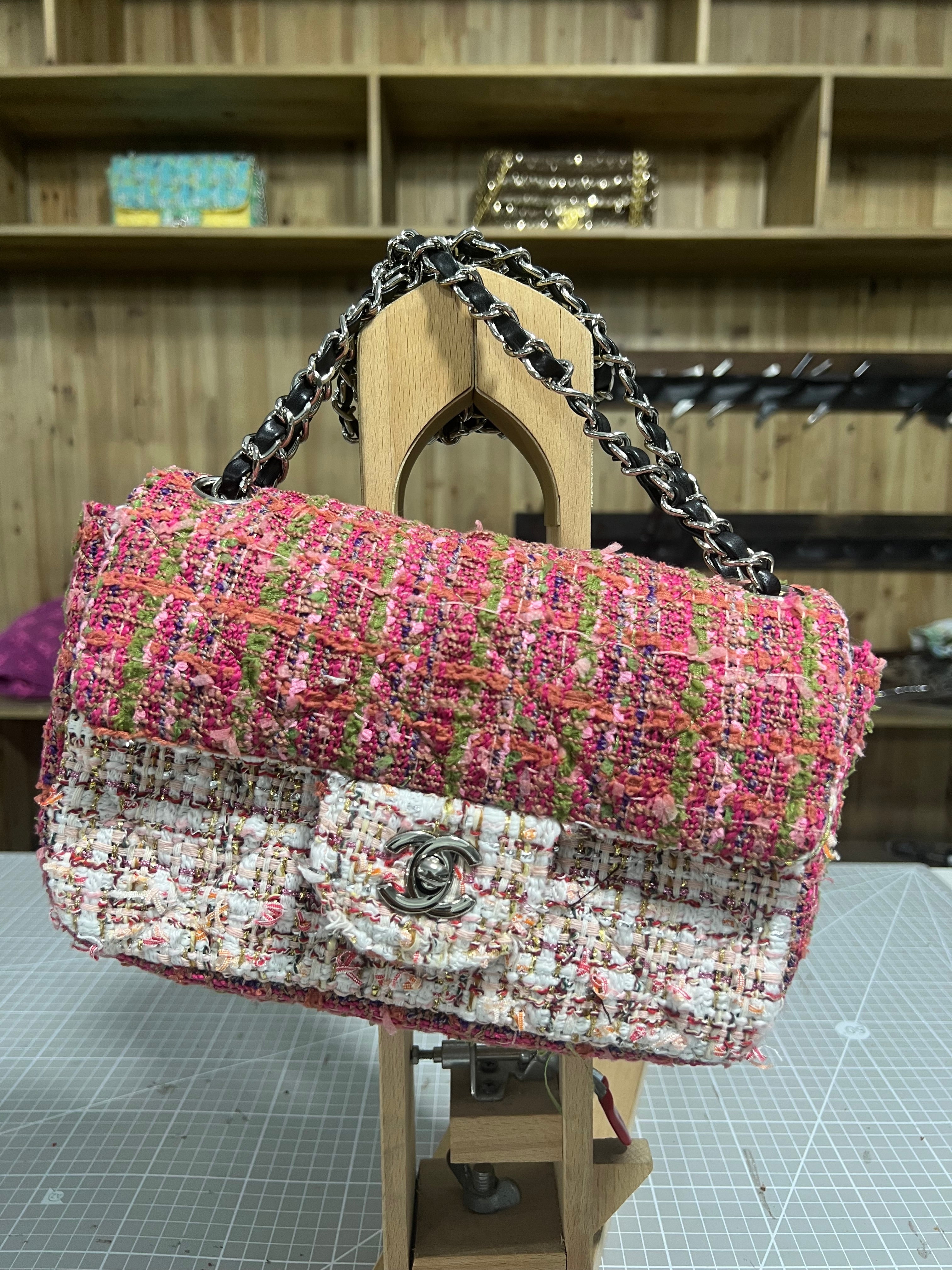 Pink and Green Upcycled Chanel-Style Tweed CF Bag