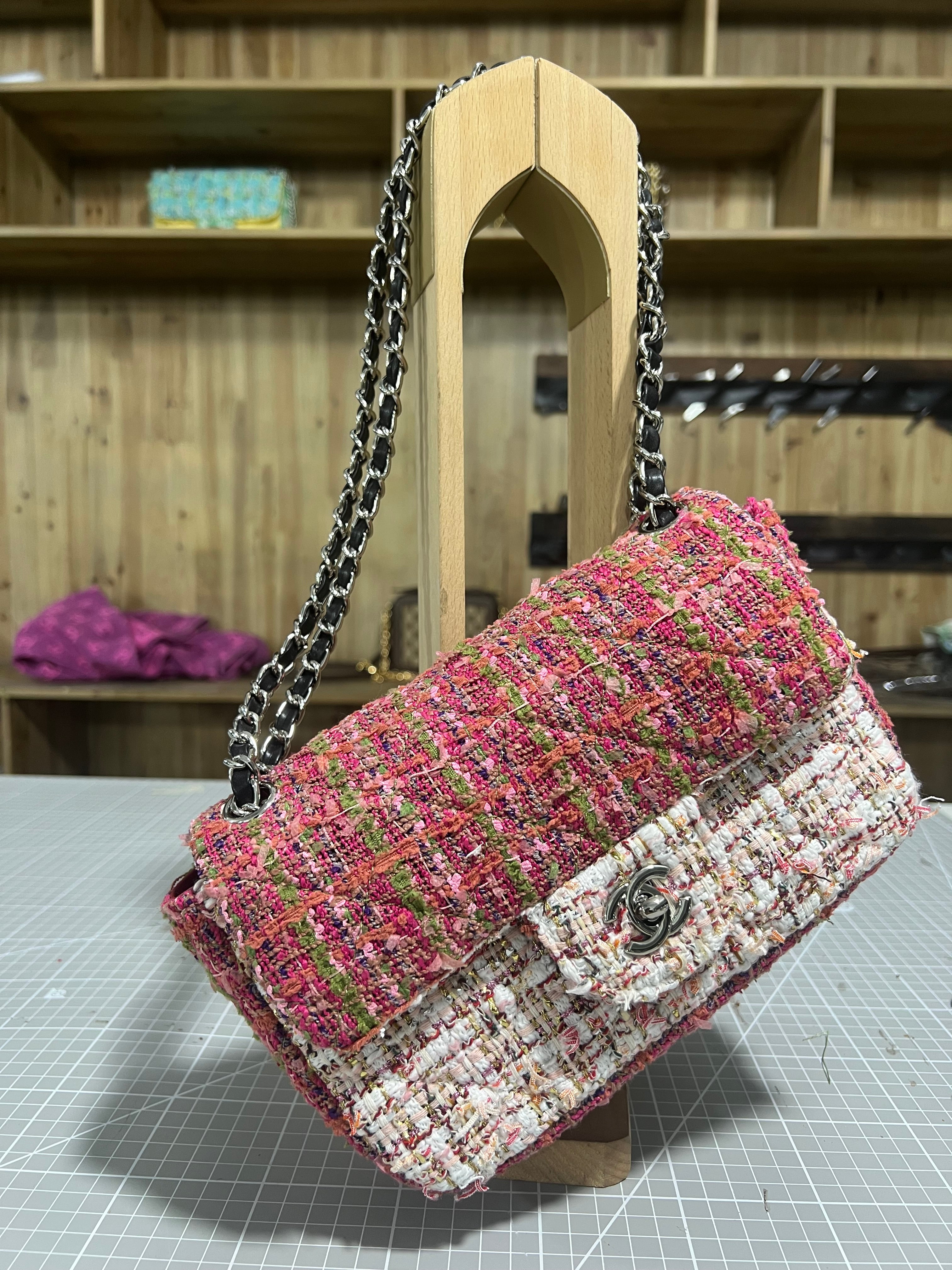 Pink and Green Upcycled Chanel-Style Tweed CF Bag