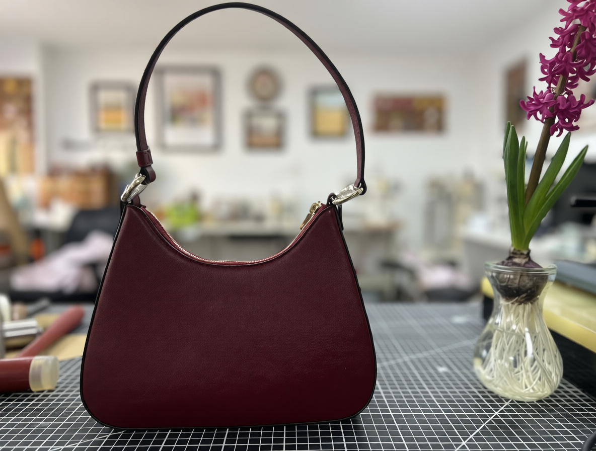 Burgundy Leather Shoulder Bag · Minimal Curved Silhouette · Handmade  Description