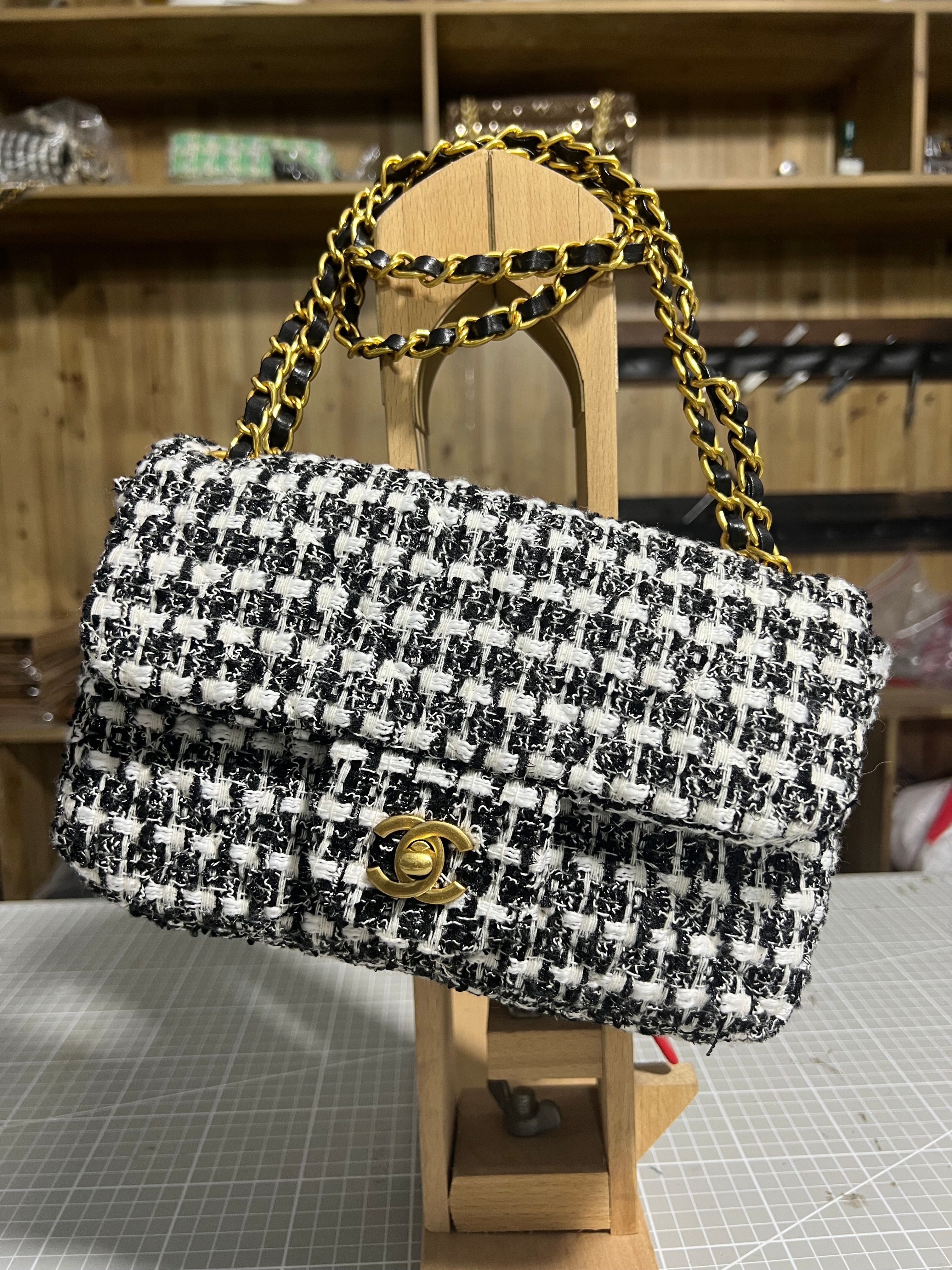 Chanel-Inspired Tweed Elegance: Upcycled Bag Crafted from Classic Tweed Fabric