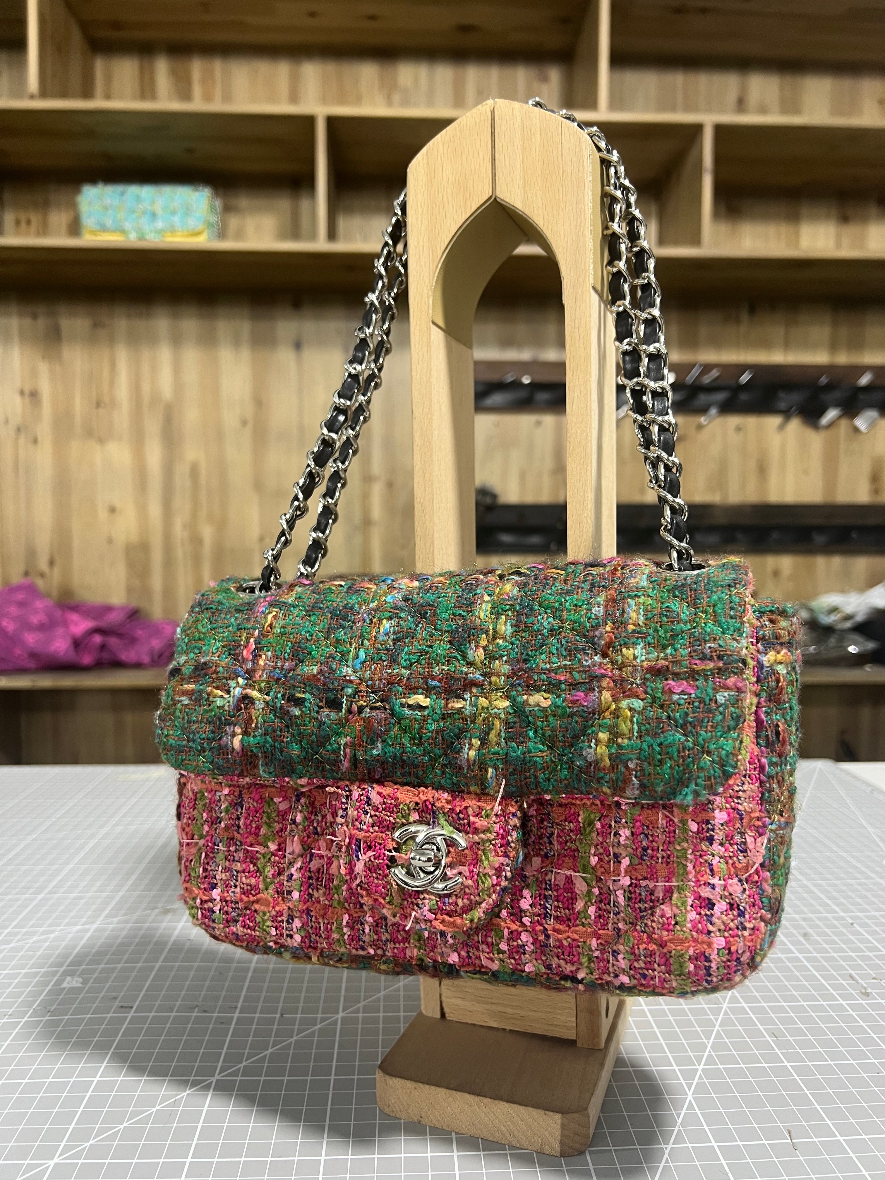 Green and Pink Upcycled Chanel-Style Tweed CF Bag