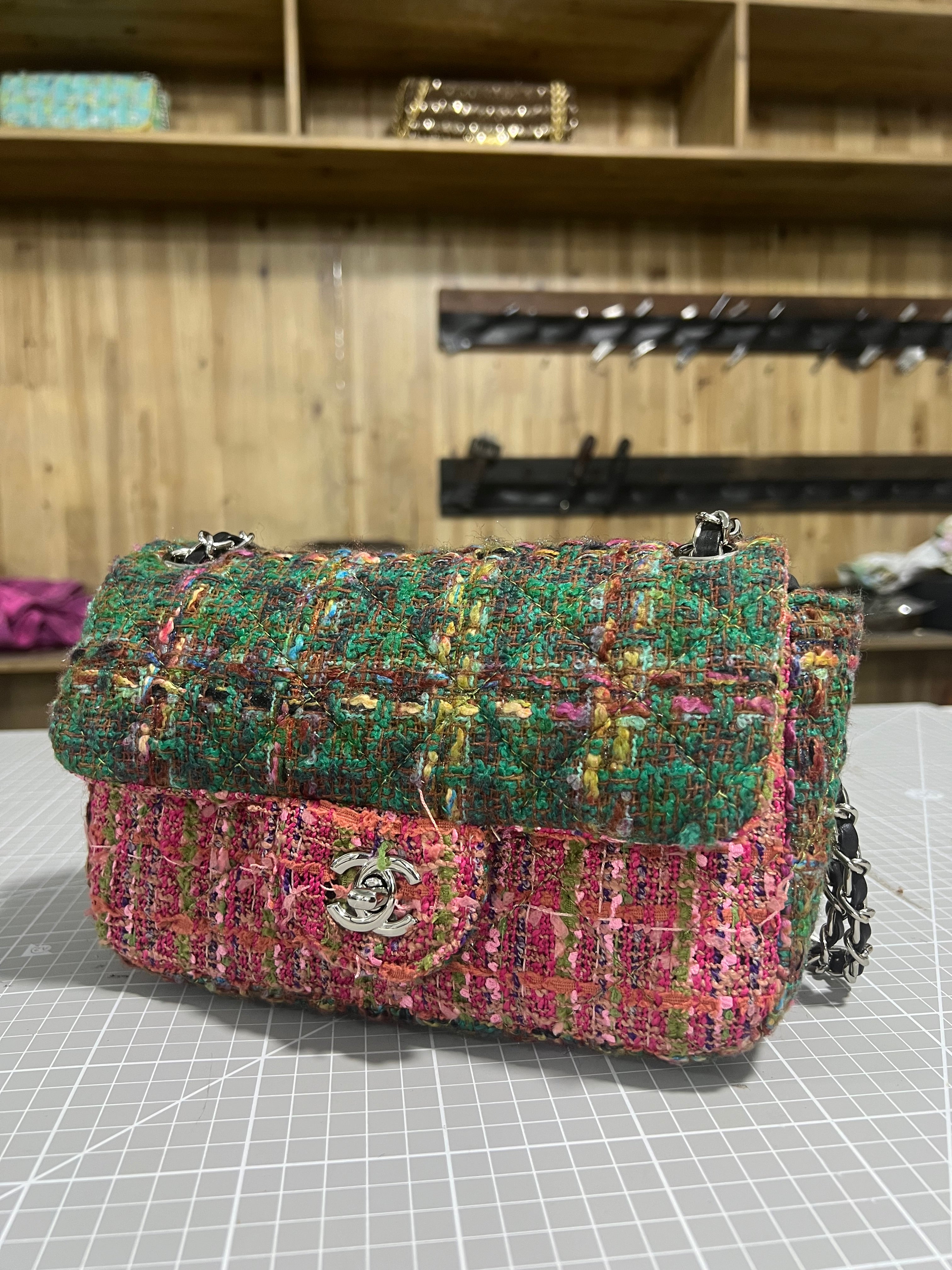 Green and Pink Upcycled Chanel-Style Tweed CF Bag