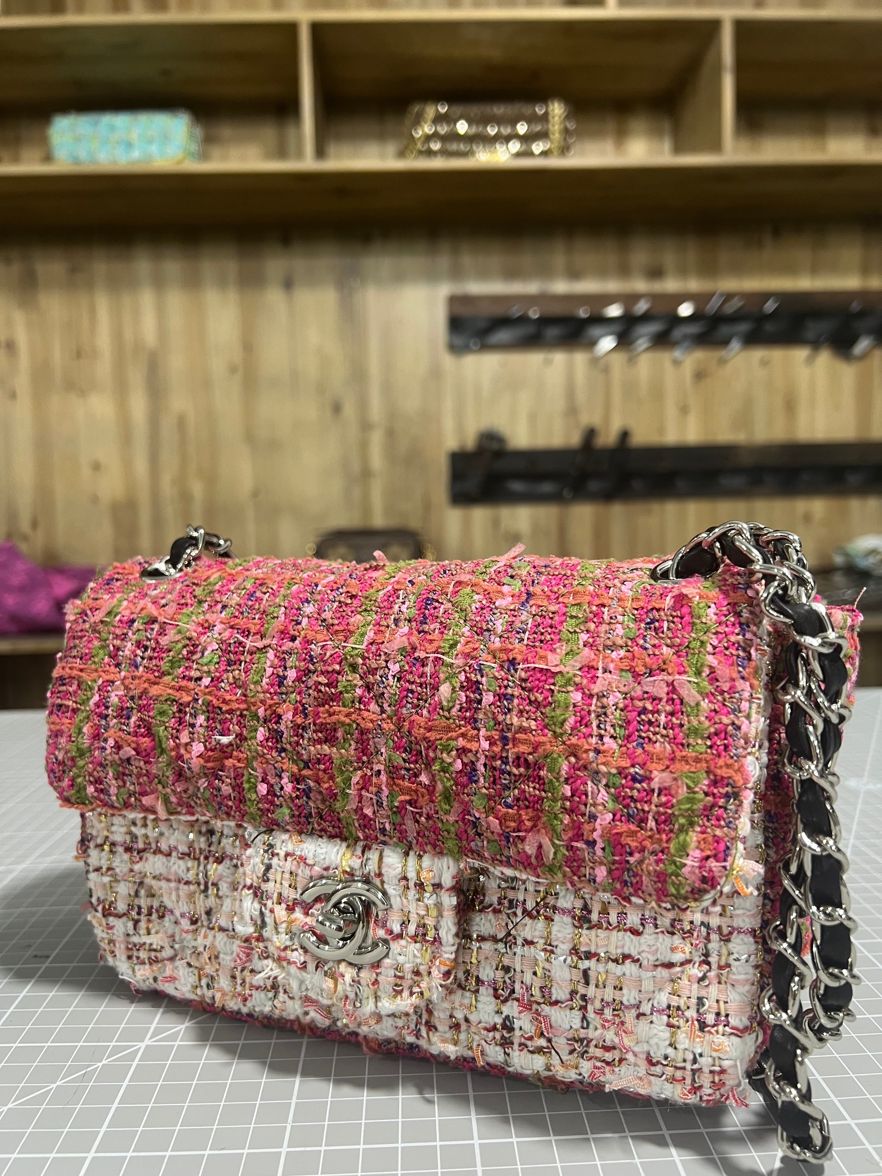 Pink and Green Upcycled Chanel-Style Tweed CF Bag