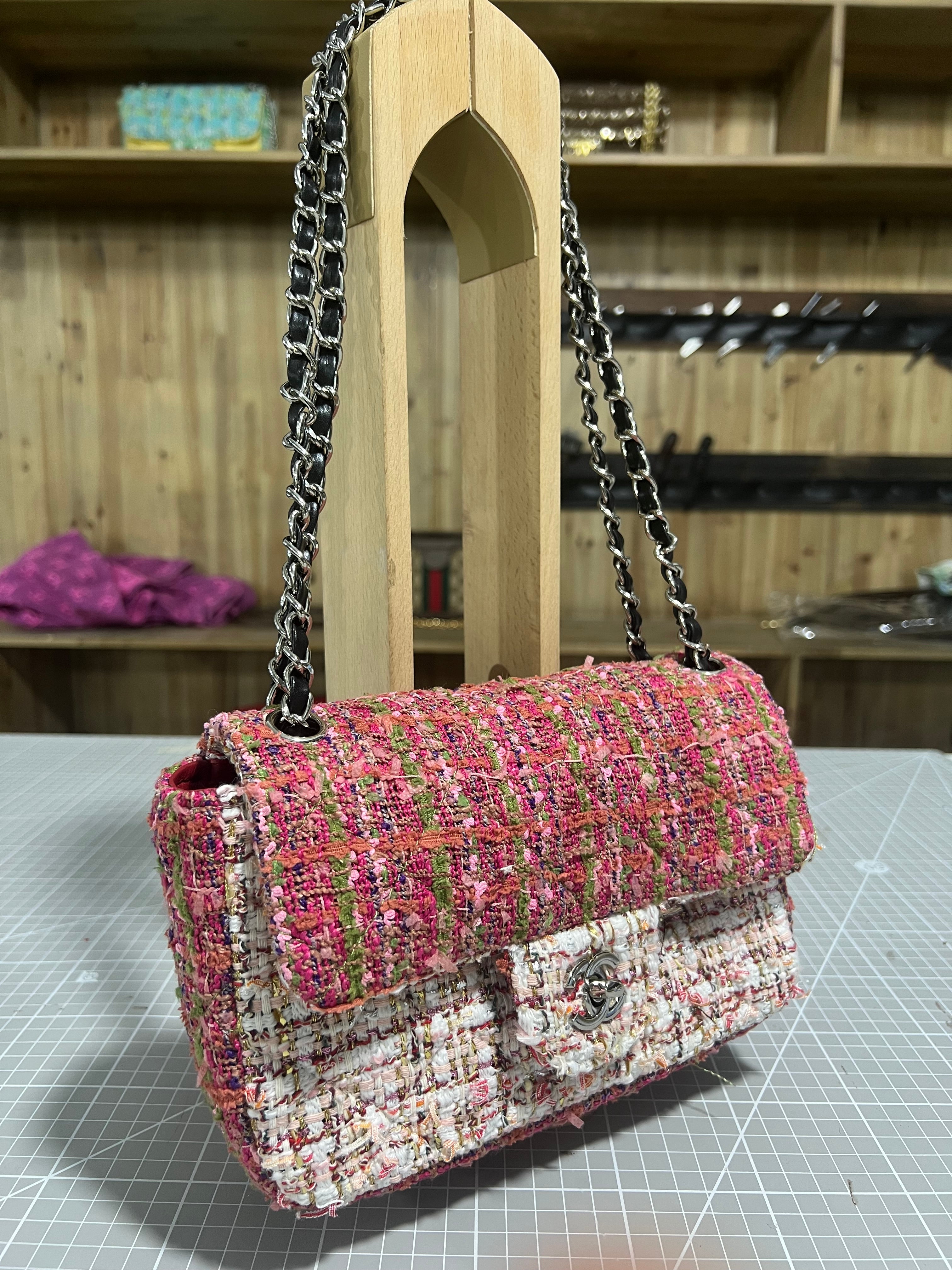 Pink and Green Upcycled Chanel-Style Tweed CF Bag