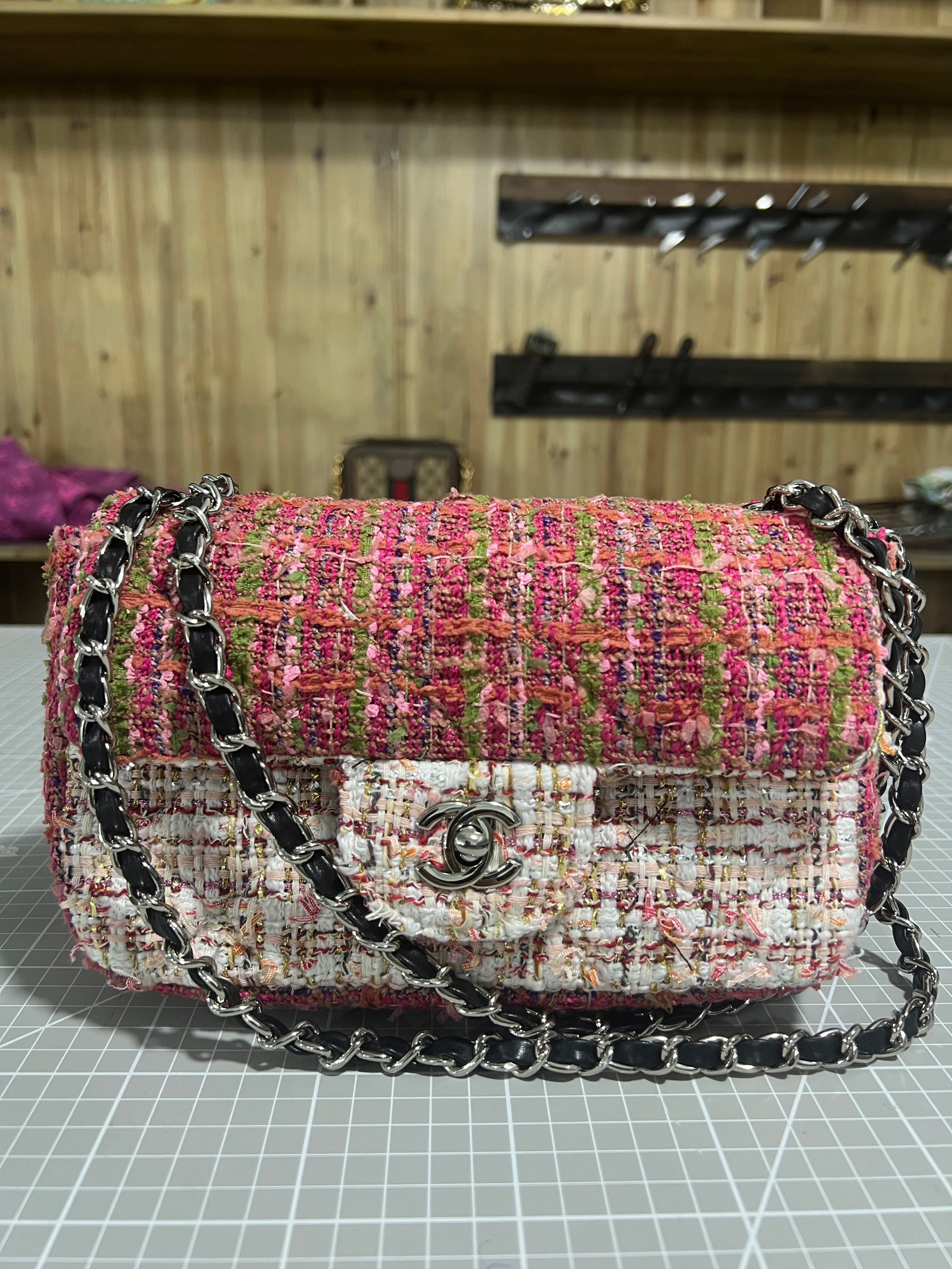 Pink and Green Upcycled Chanel-Style Tweed CF Bag