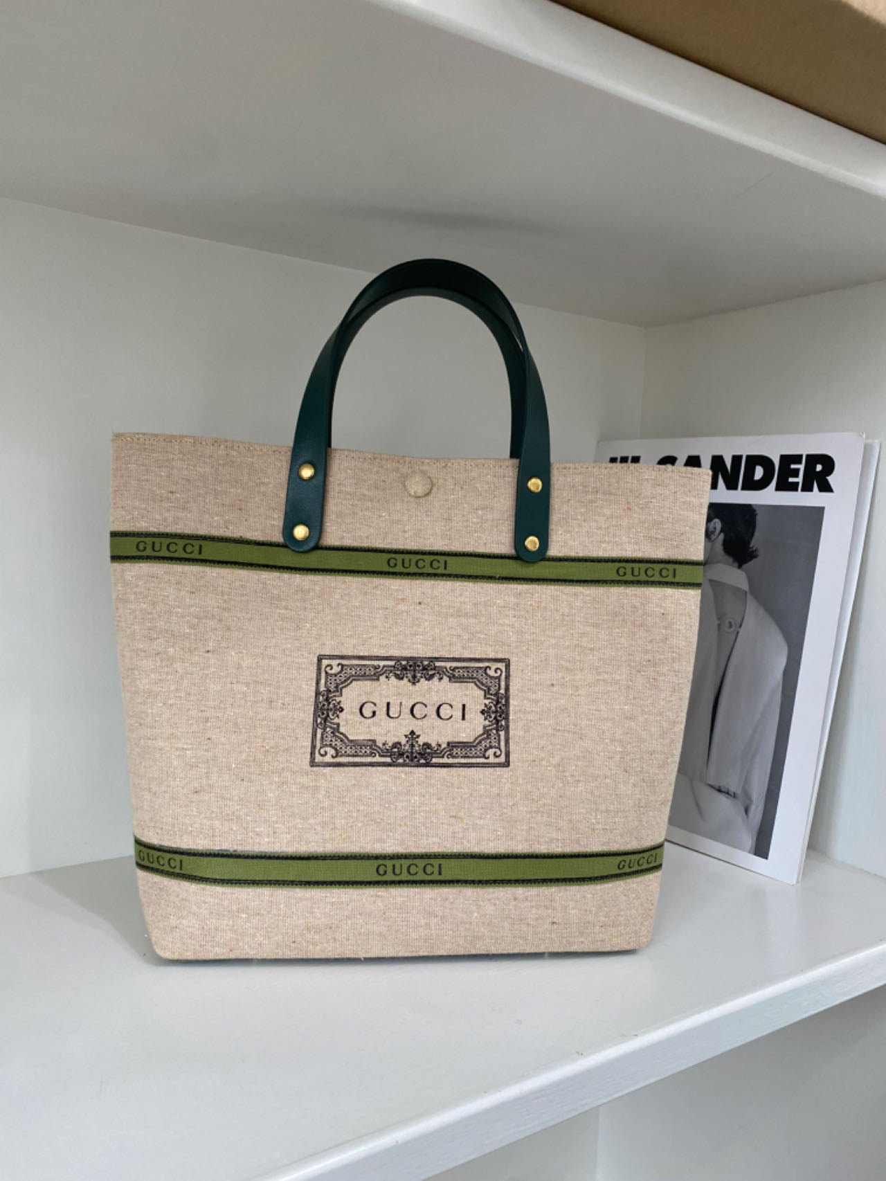 Upcycled Gucci Dust Bag Tote Bag with Green Handles