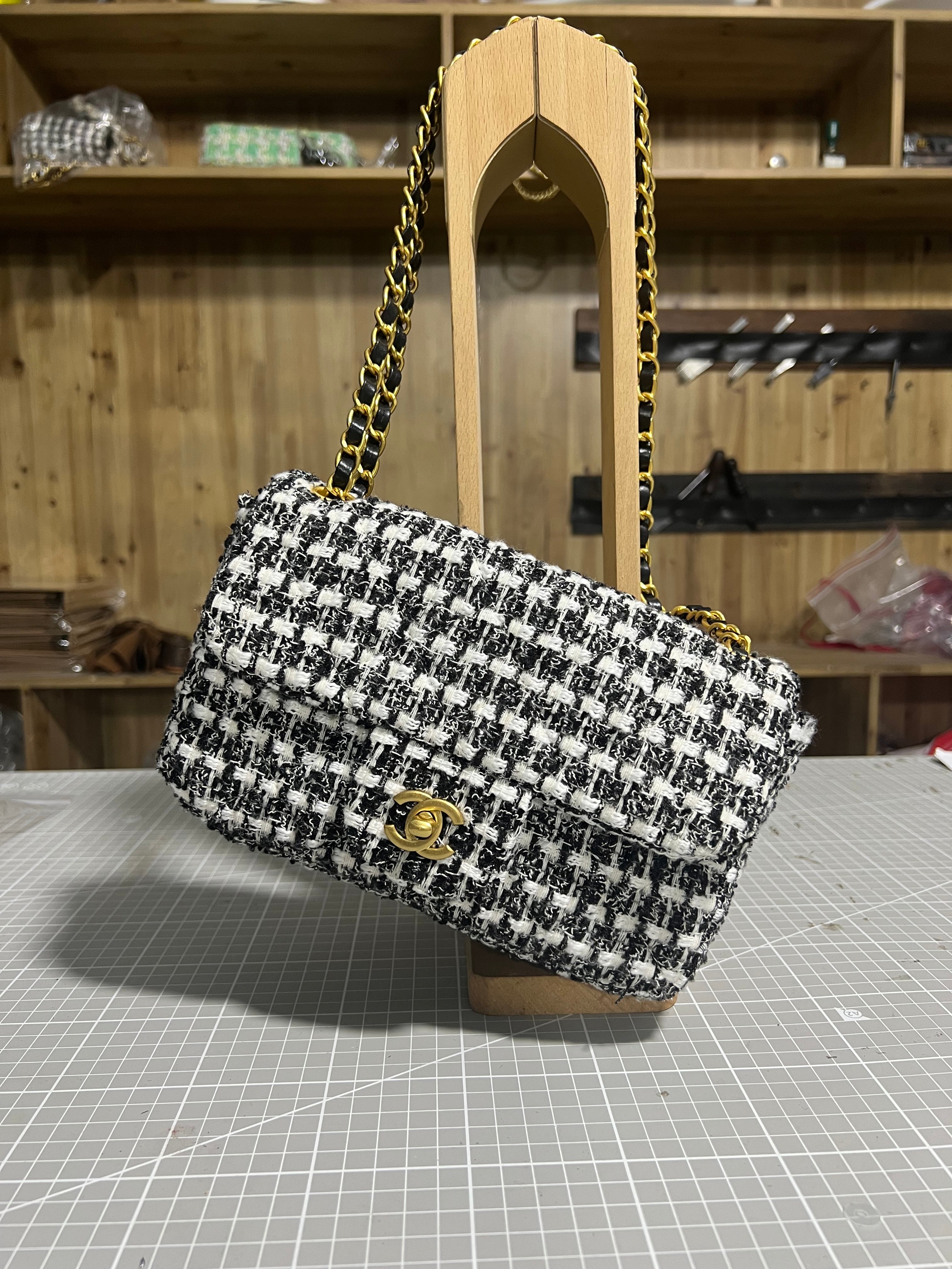 Chanel-Inspired Tweed Elegance: Upcycled Bag Crafted from Classic Tweed Fabric