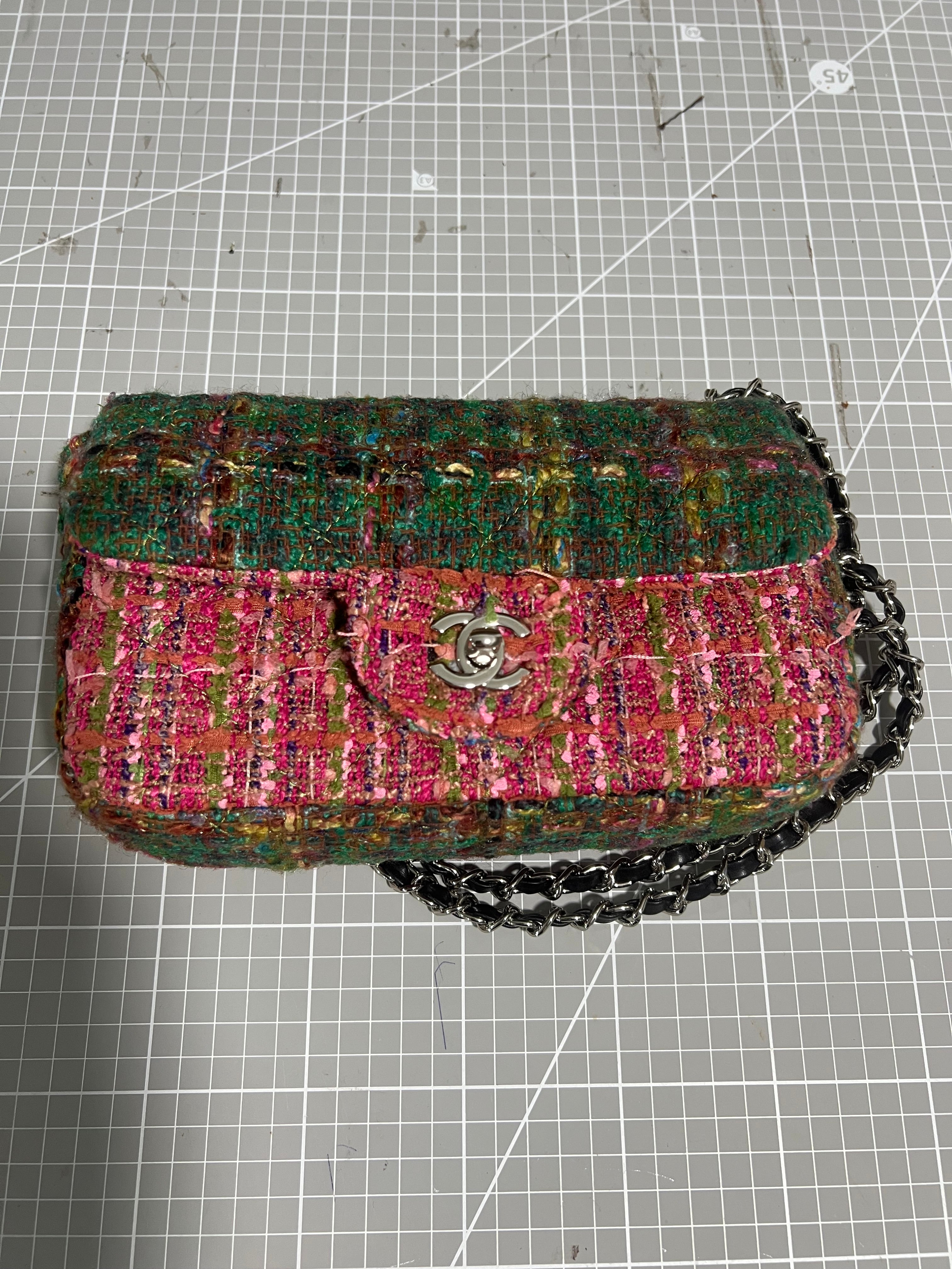 Green and Pink Upcycled Chanel-Style Tweed CF Bag