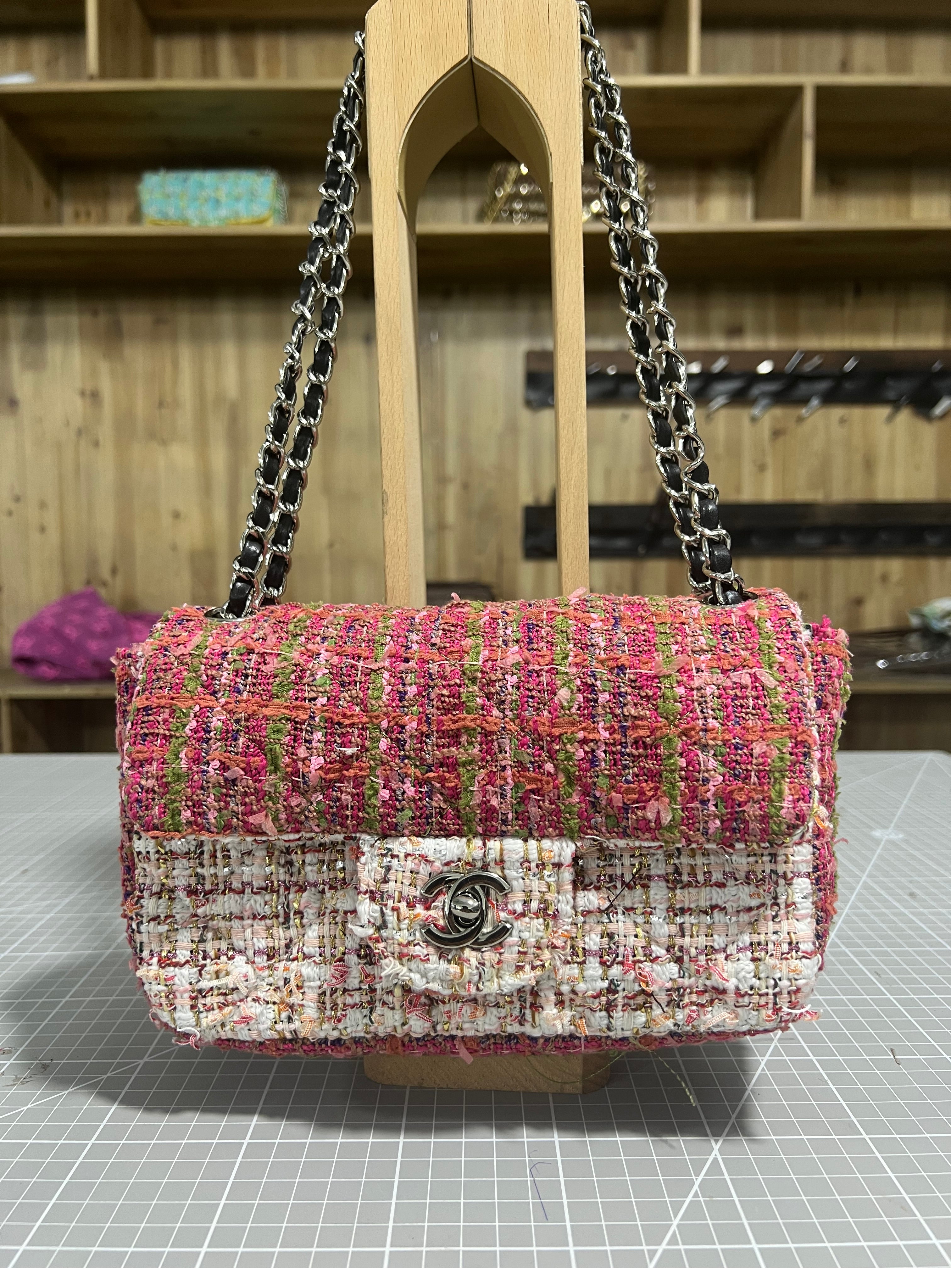 Pink and Green Upcycled Chanel-Style Tweed CF Bag