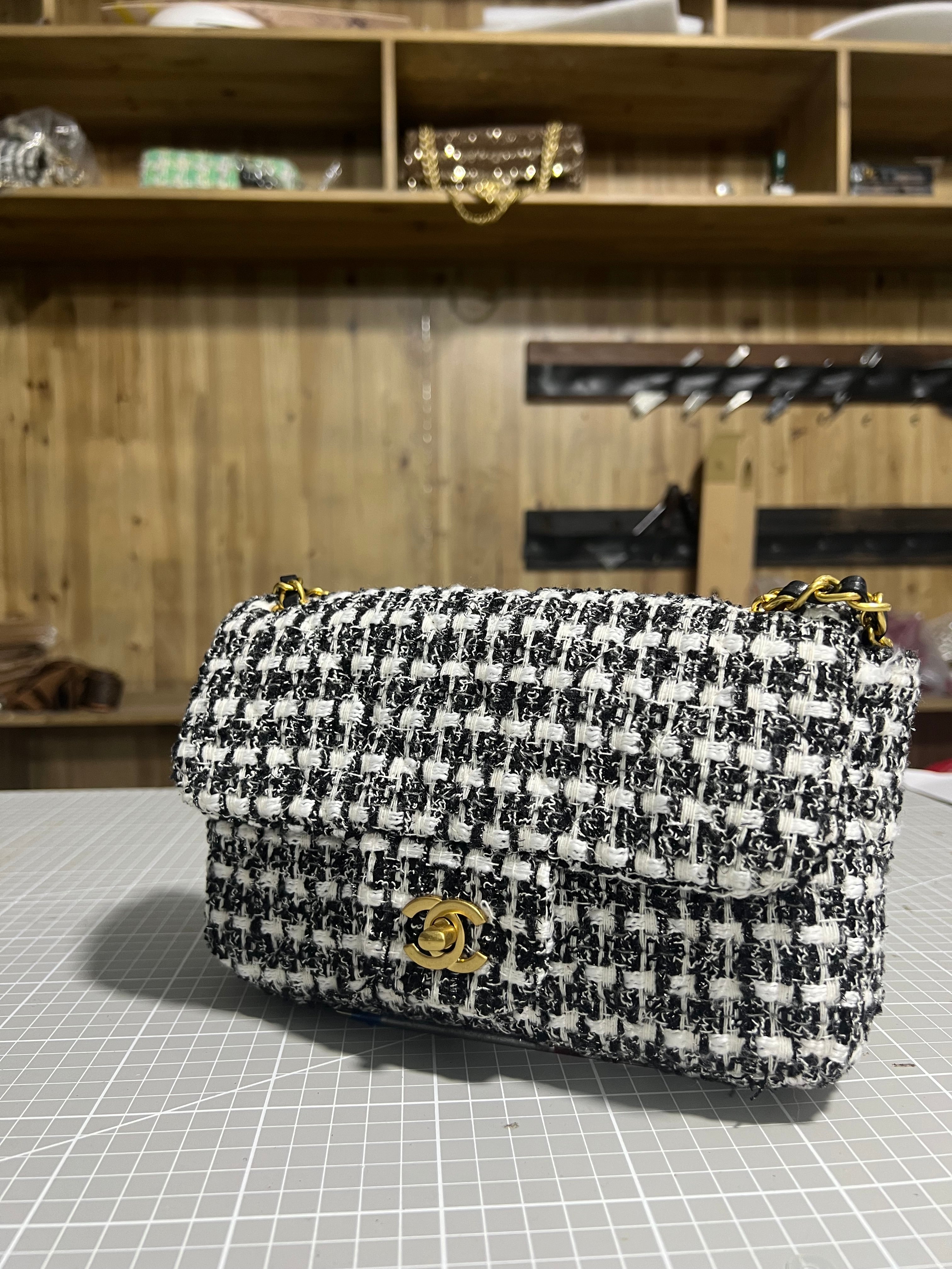 Chanel-Inspired Tweed Elegance: Upcycled Bag Crafted from Classic Tweed Fabric