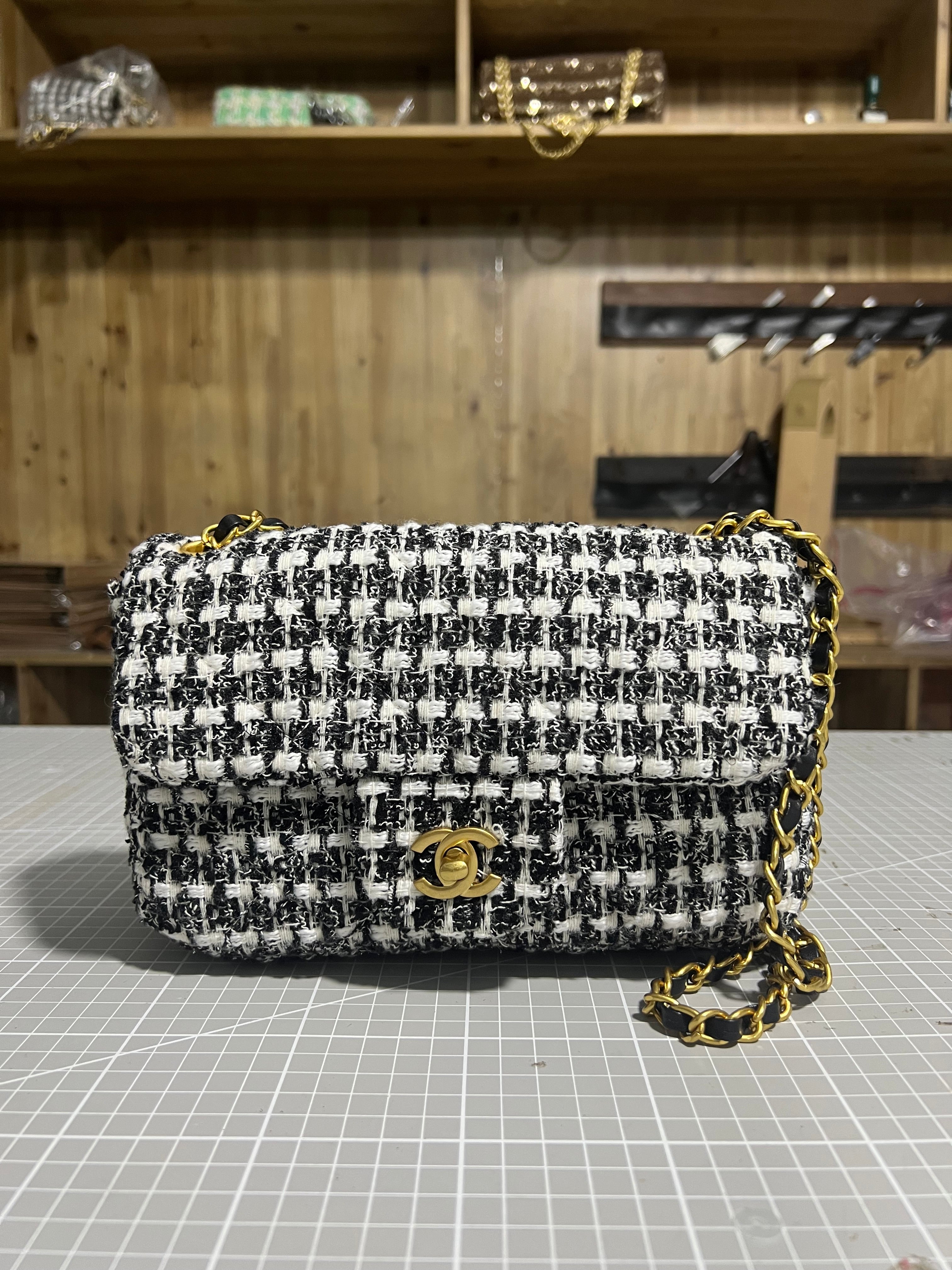 Chanel-Inspired Tweed Elegance: Upcycled Bag Crafted from Classic Tweed Fabric