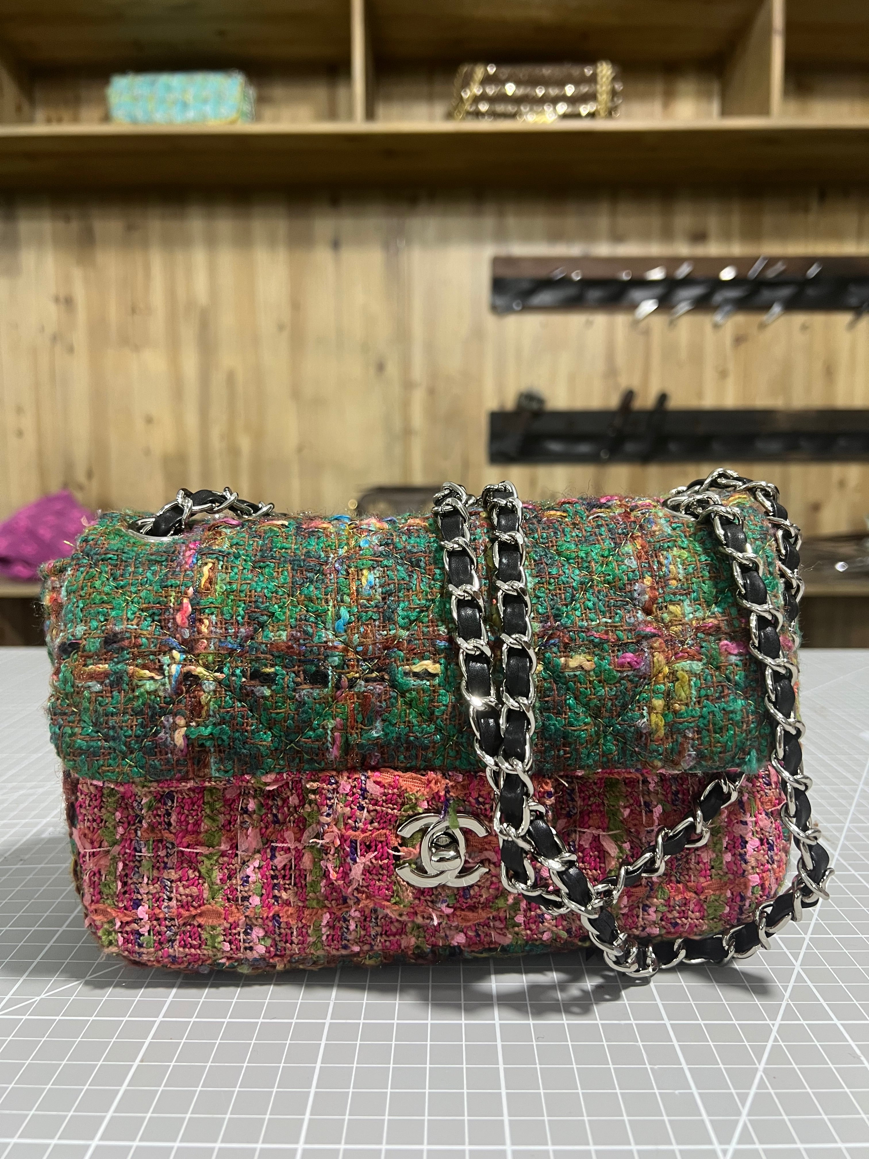 Green and Pink Upcycled Chanel-Style Tweed CF Bag