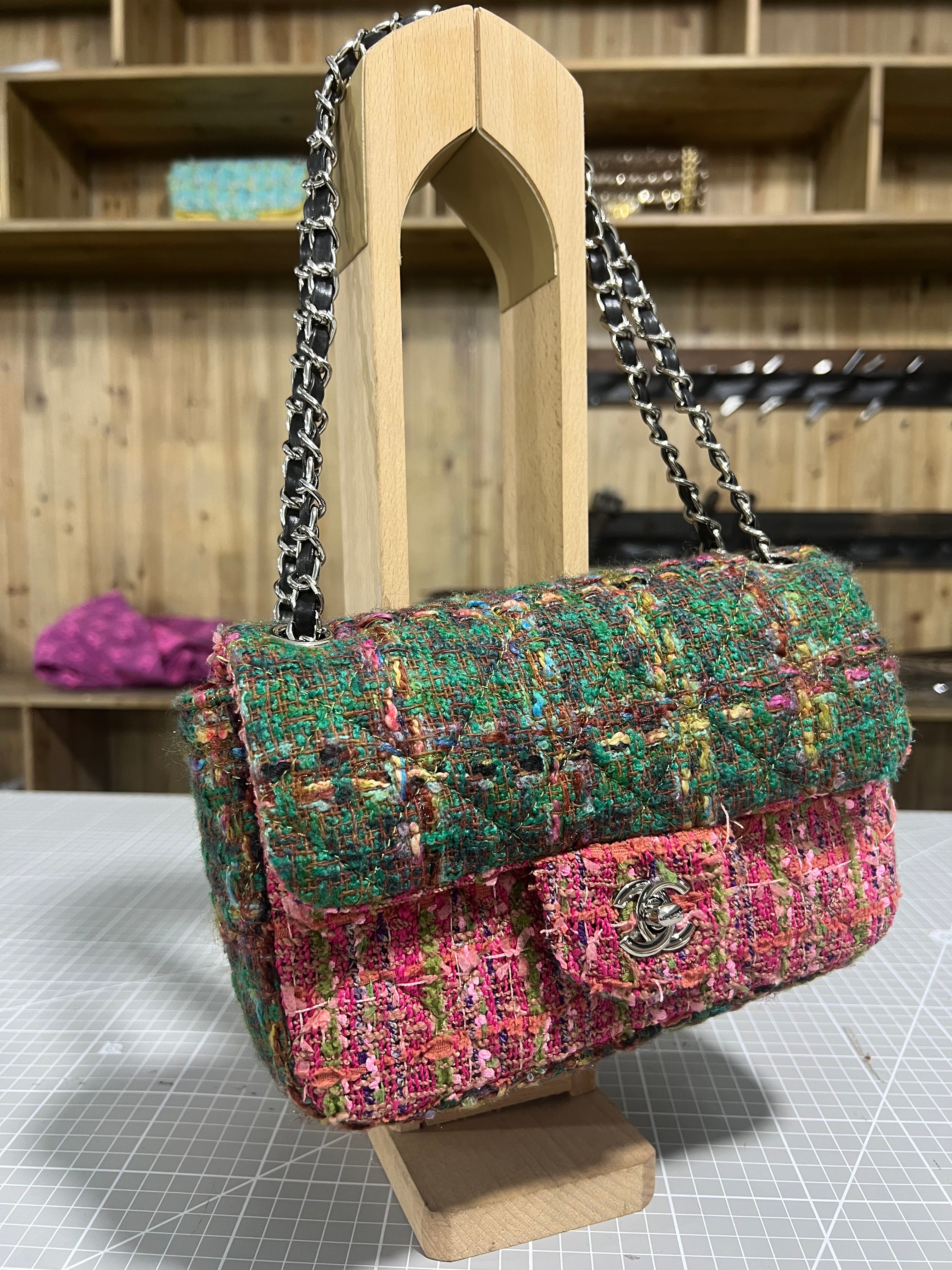 Green and Pink Upcycled Chanel-Style Tweed CF Bag