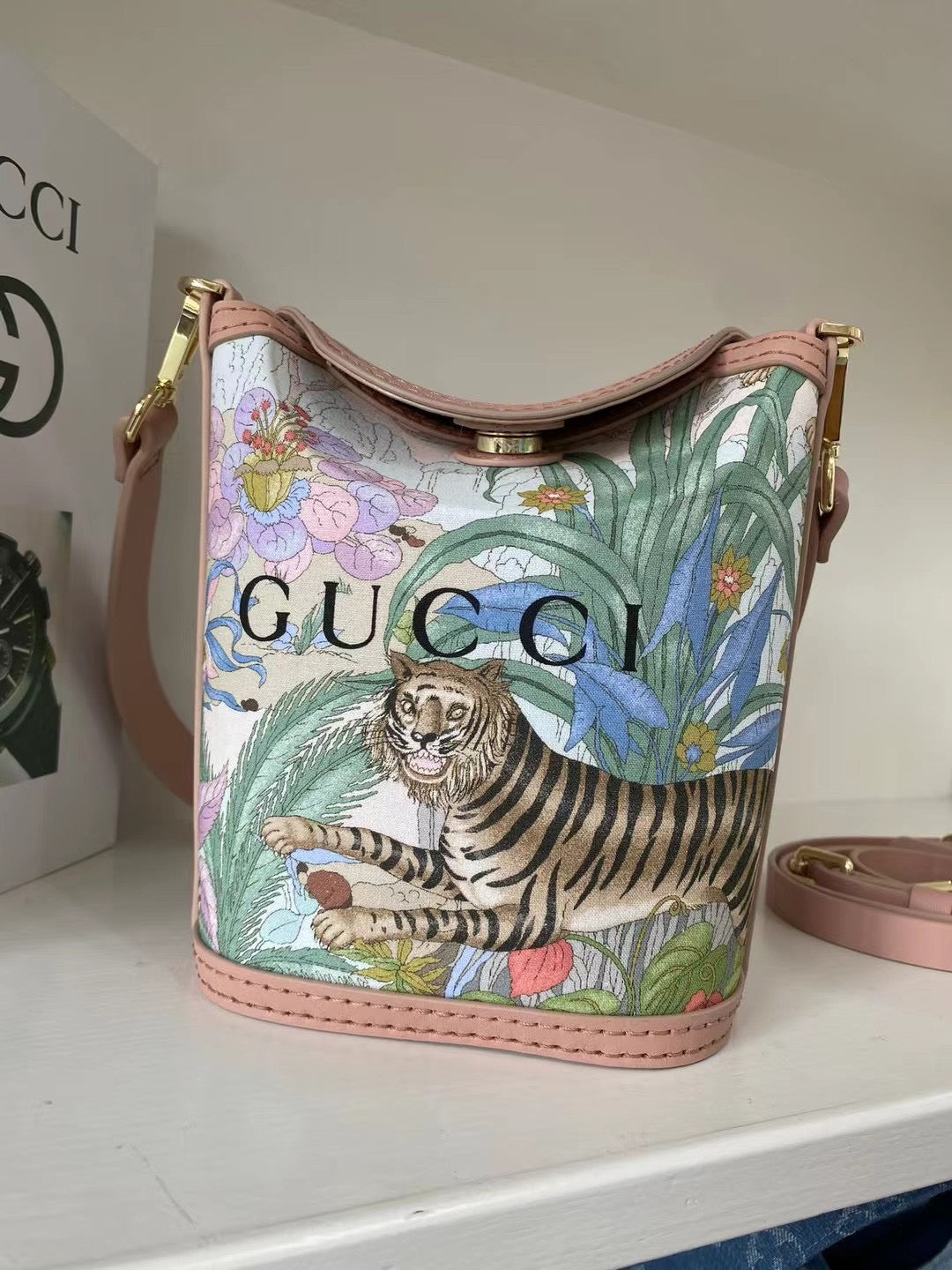 Introducing the Upcycled Gucci Dust Bag Bucket Bag with Pink Leather Accents