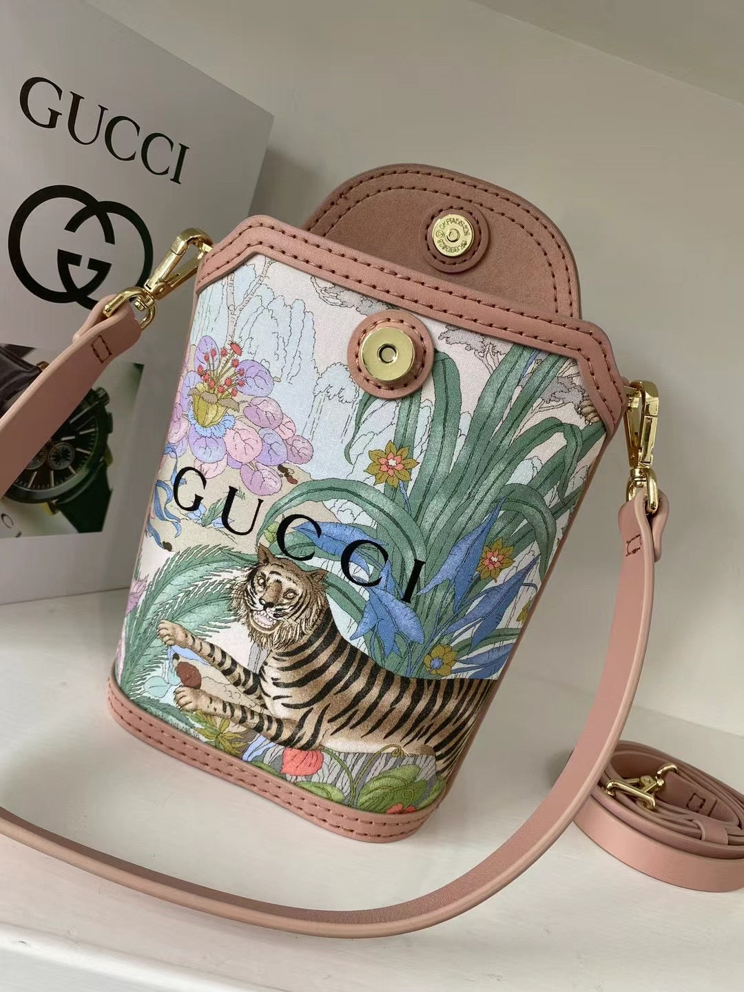 Introducing the Upcycled Gucci Dust Bag Bucket Bag with Pink Leather Accents