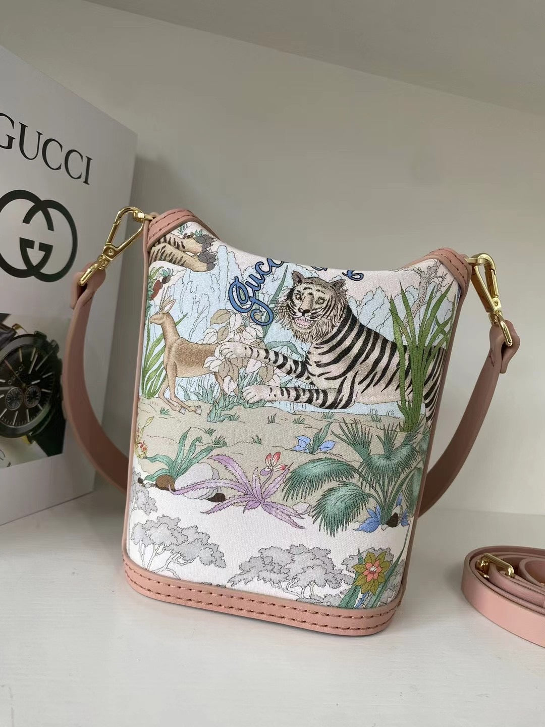 Introducing the Upcycled Gucci Dust Bag Bucket Bag with Pink Leather Accents