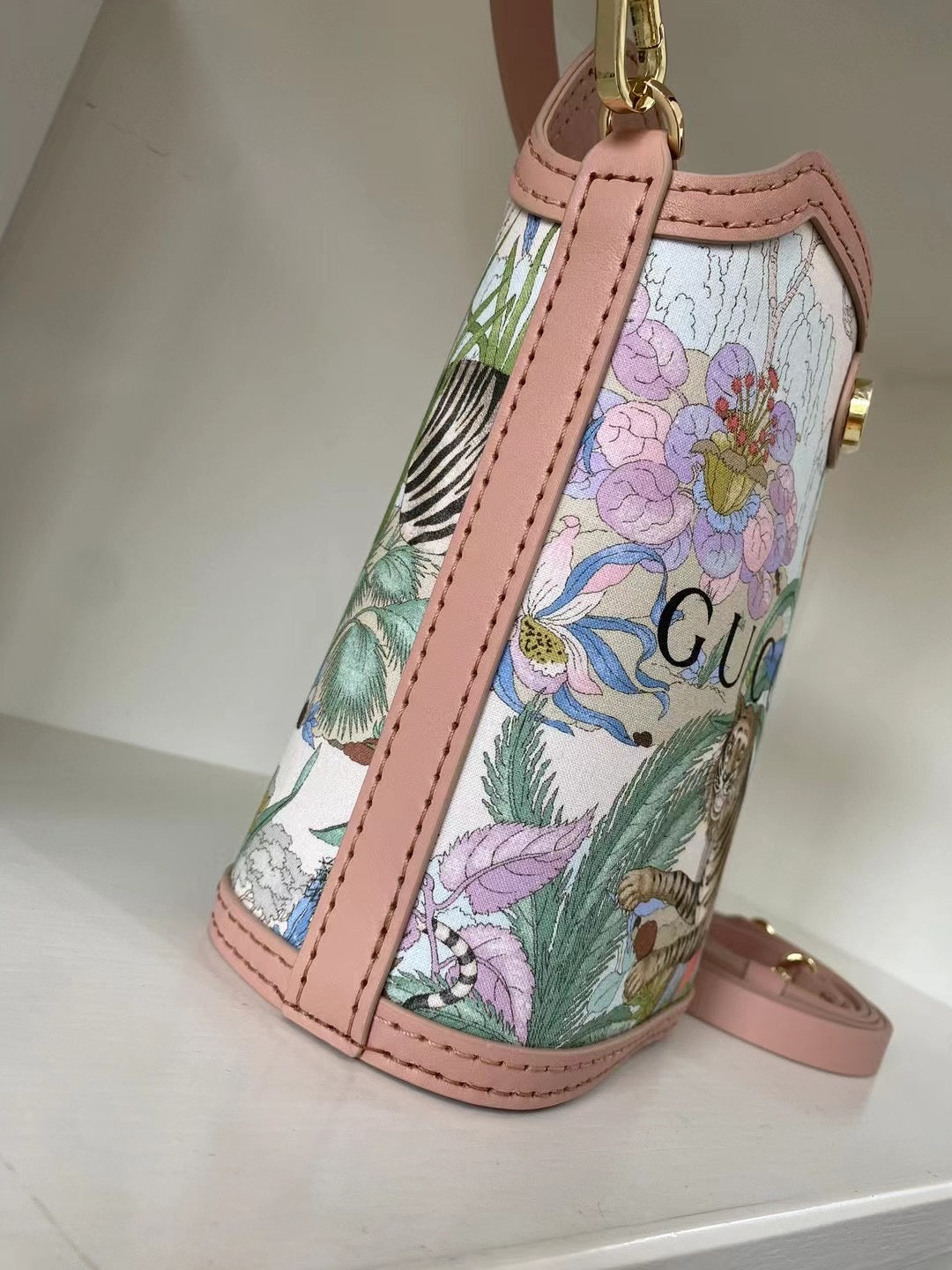 Introducing the Upcycled Gucci Dust Bag Bucket Bag with Pink Leather Accents