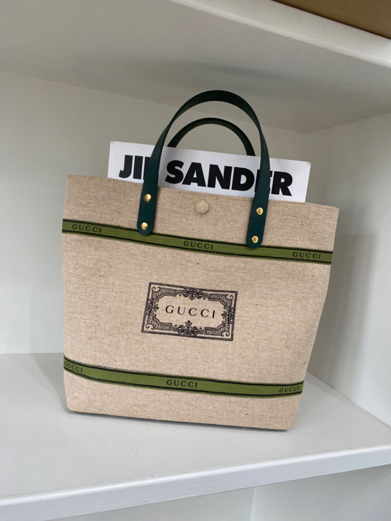 Upcycled Gucci Dust Bag Tote Bag with Green Handles